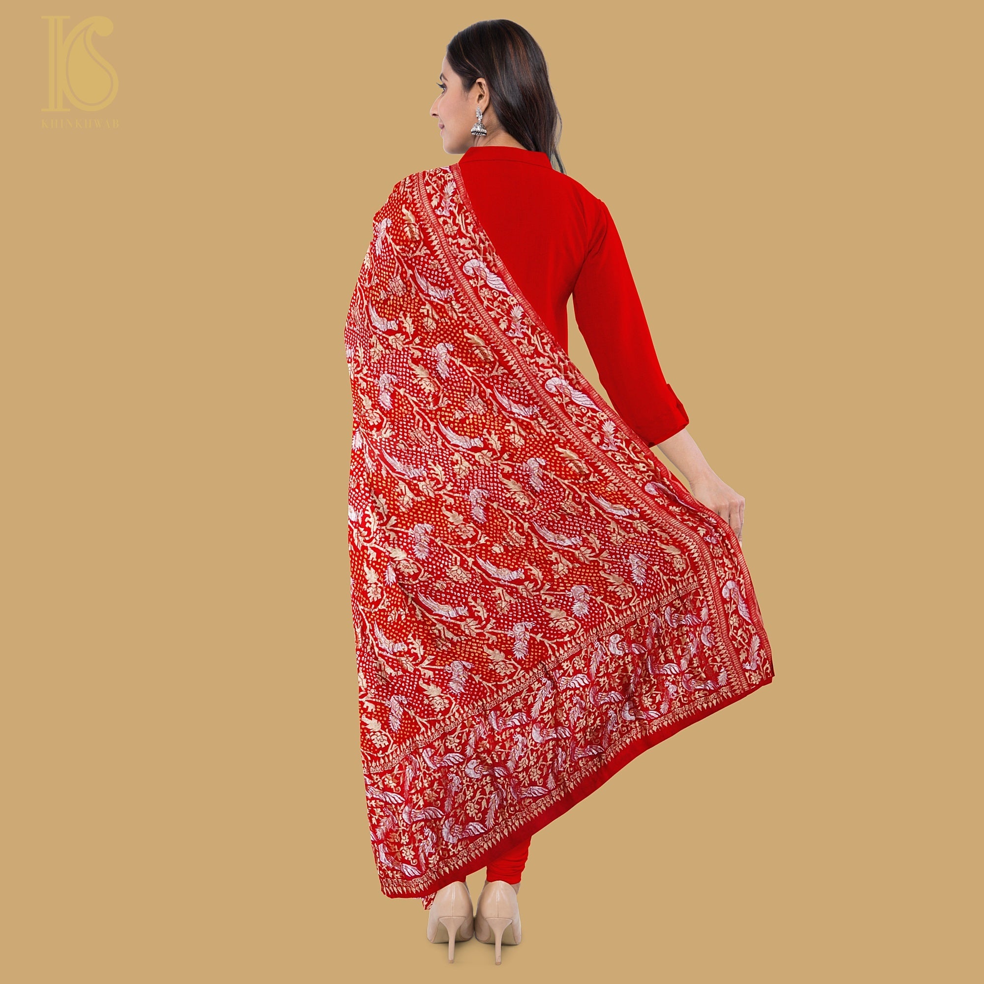 Venetian Red Georgette Handloom Bandhani Banarasi Birds Dupatta - Khinkhwab