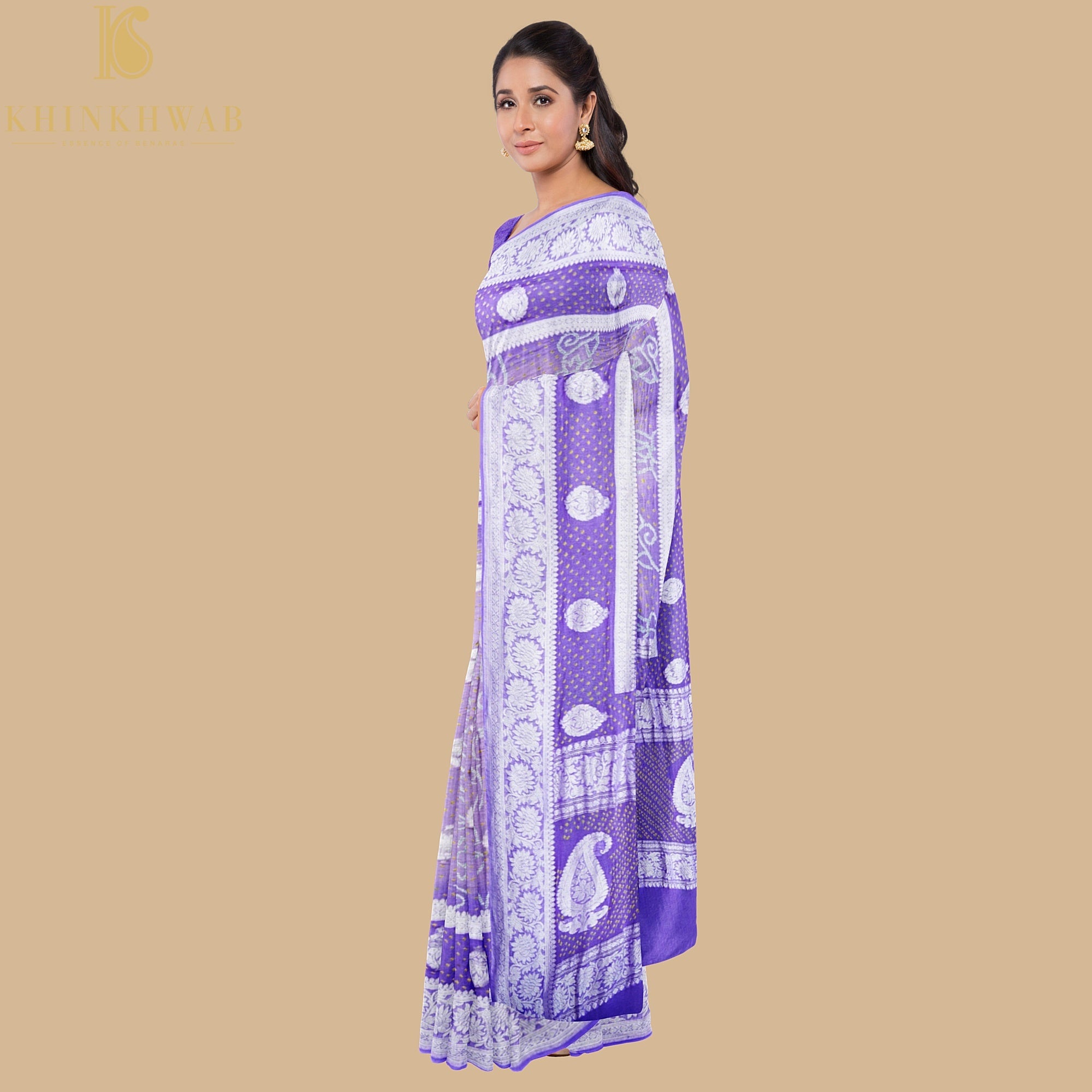 Mauve Pure Georgette Handloom Banarasi Bandhani Saree - Khinkhwab