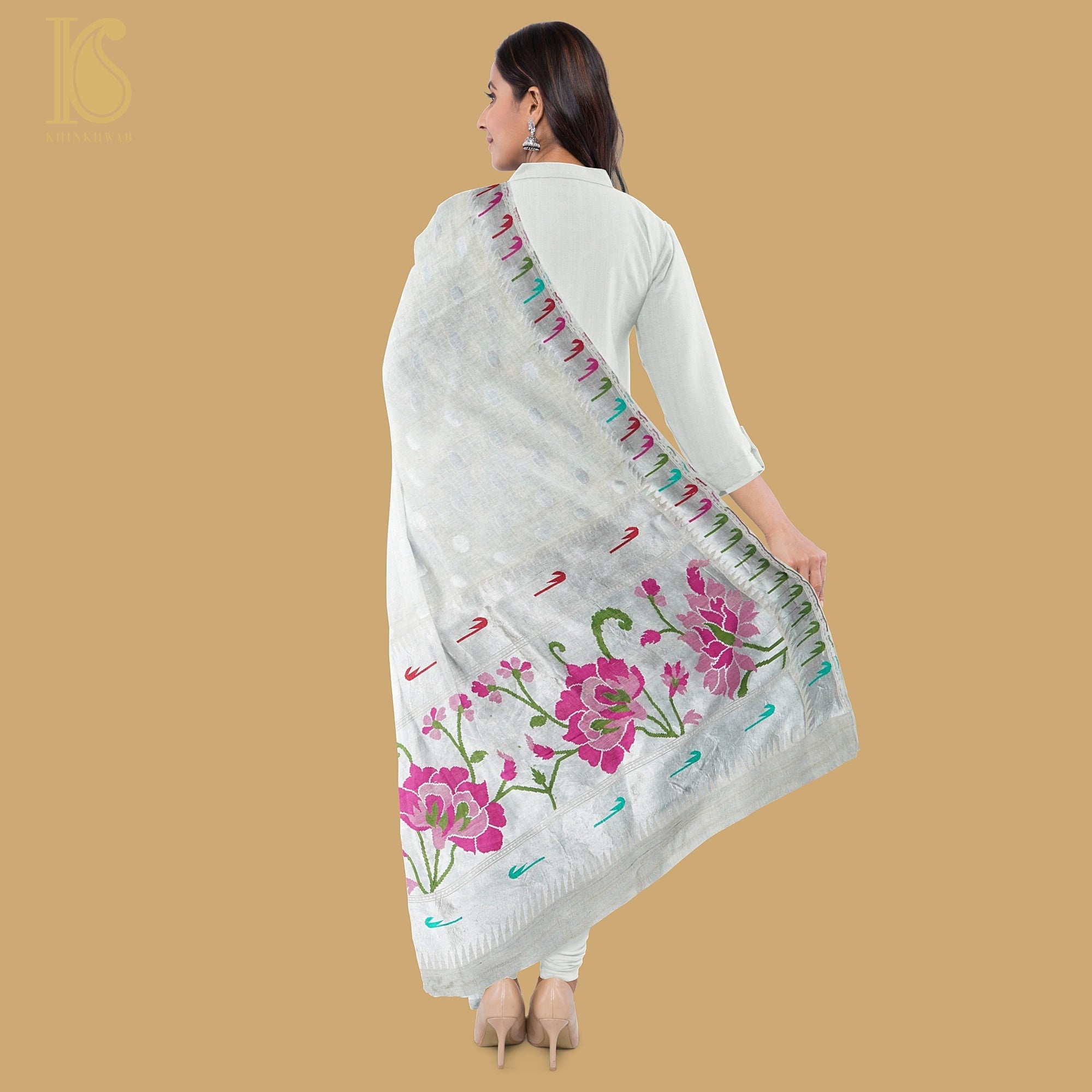 Preorder: Handloom Pure Tussar Silk Silver Zari Banarasi Muniya Border Dupatta - Khinkhwab