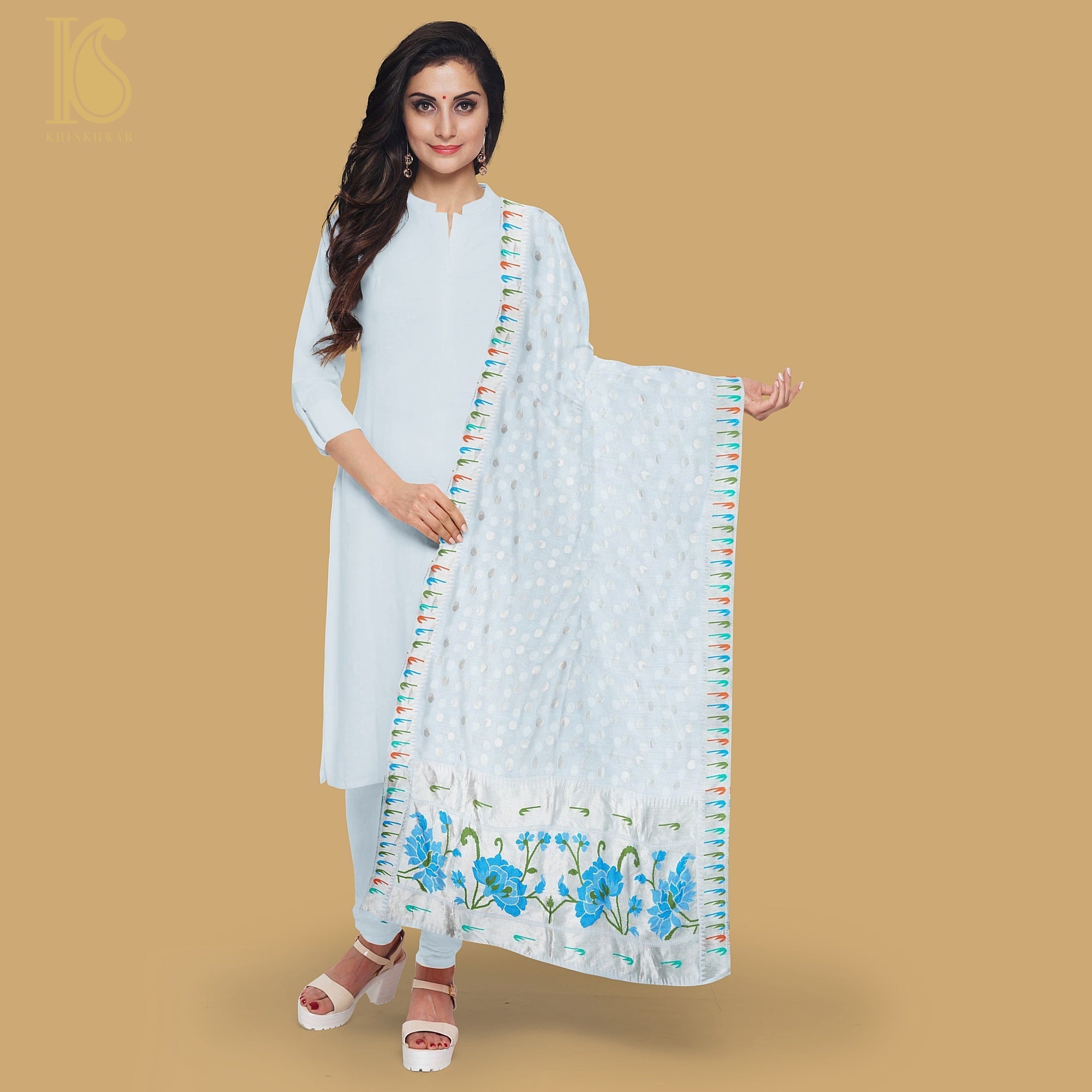 Handloom Pure Georgette Silver Zari Banarasi Muniya Border Dupatta - Khinkhwab