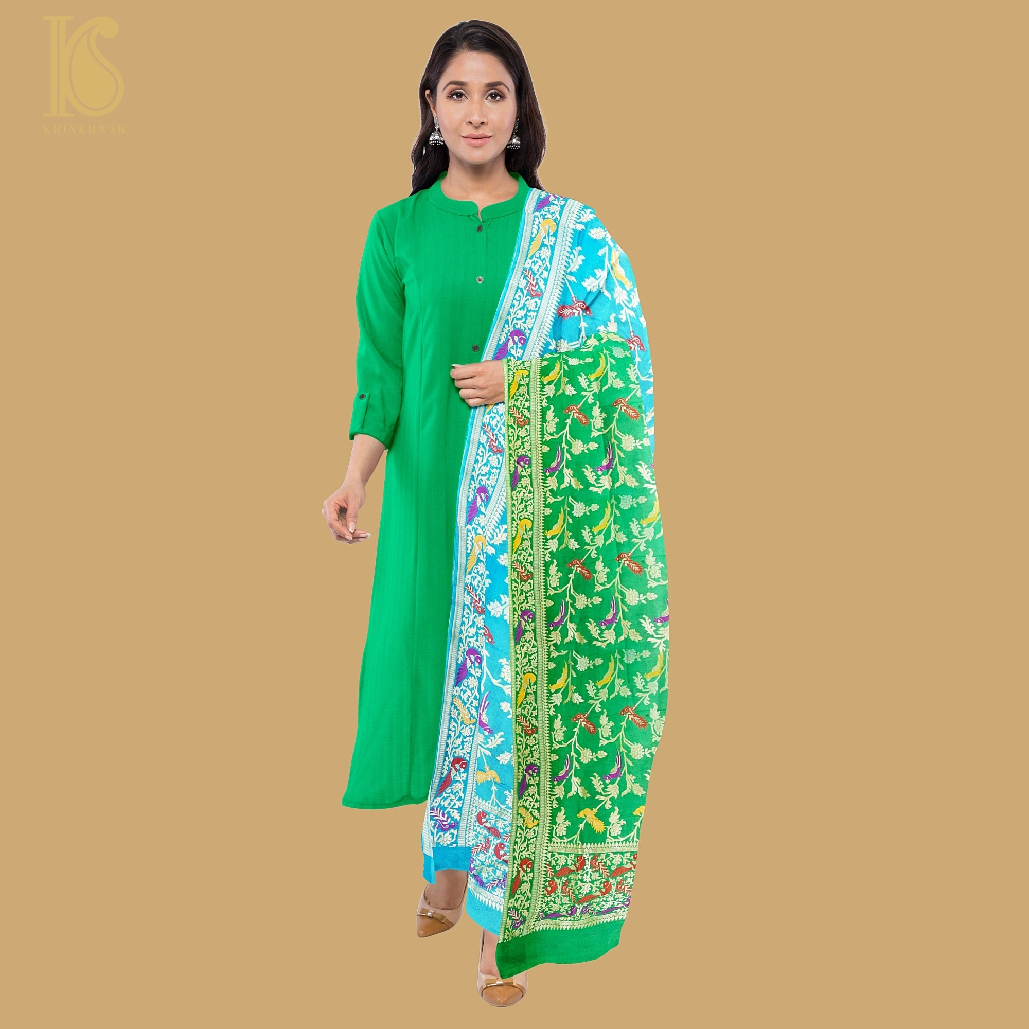 Blue & Green Pure Georgette Banarasi Meenakari Birds Dupatta - Khinkhwab