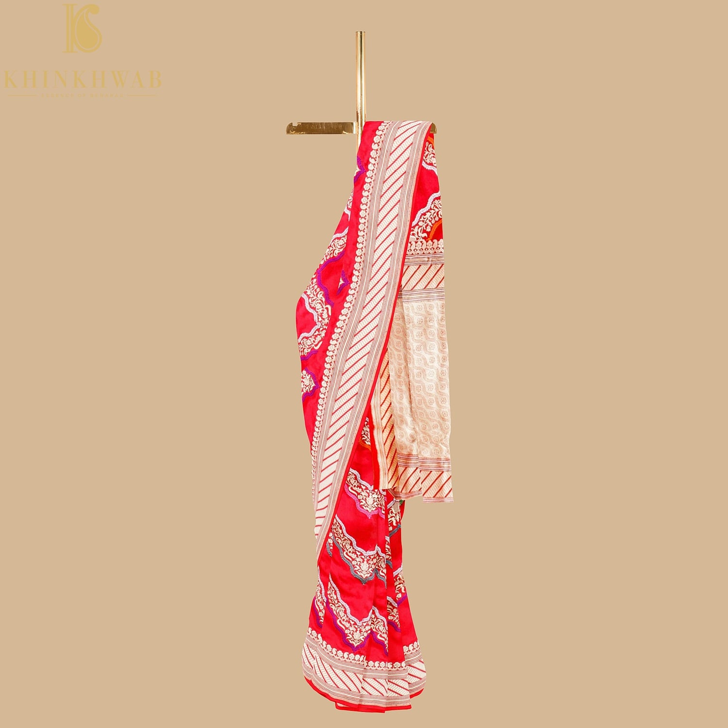 Red Pure Katan Silk Handwoven Banarasi  Kadwa Zig Zag Saree - Khinkhwab