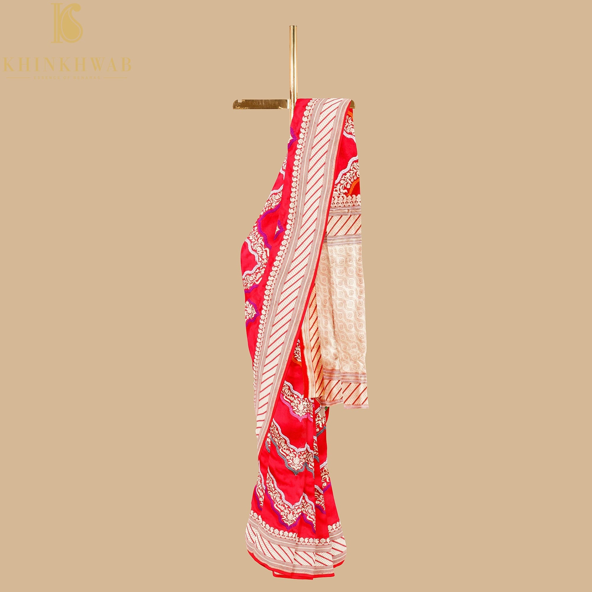 Red Pure Katan Silk Handwoven Banarasi Kadwa Zig Zag Saree - Khinkhwab