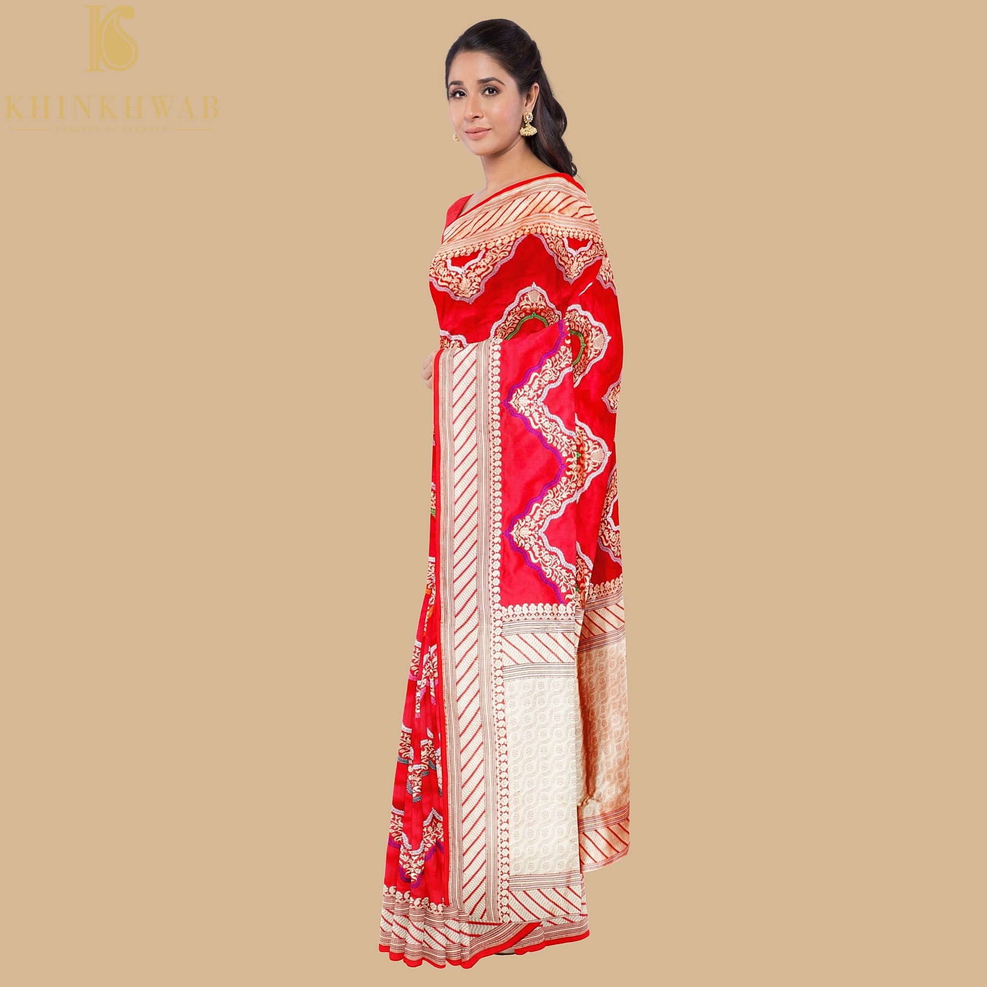 Red Pure Katan Silk Handwoven Banarasi Kadwa Zig Zag Saree - Khinkhwab