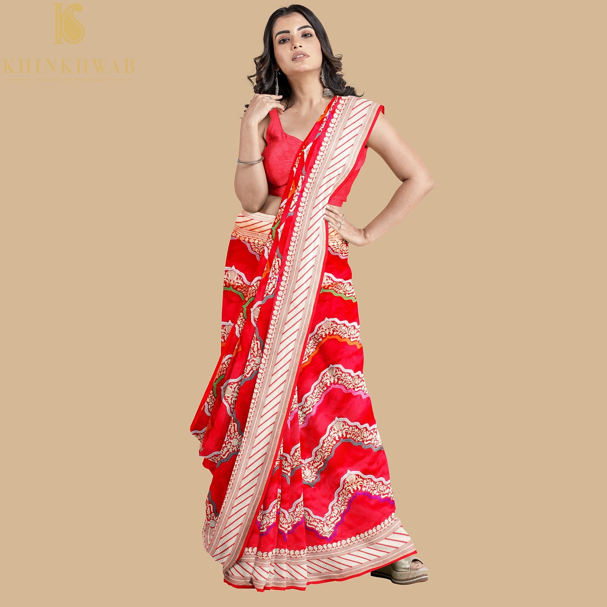Red Pure Katan Silk Handwoven Banarasi Kadwa Zig Zag Saree - Khinkhwab