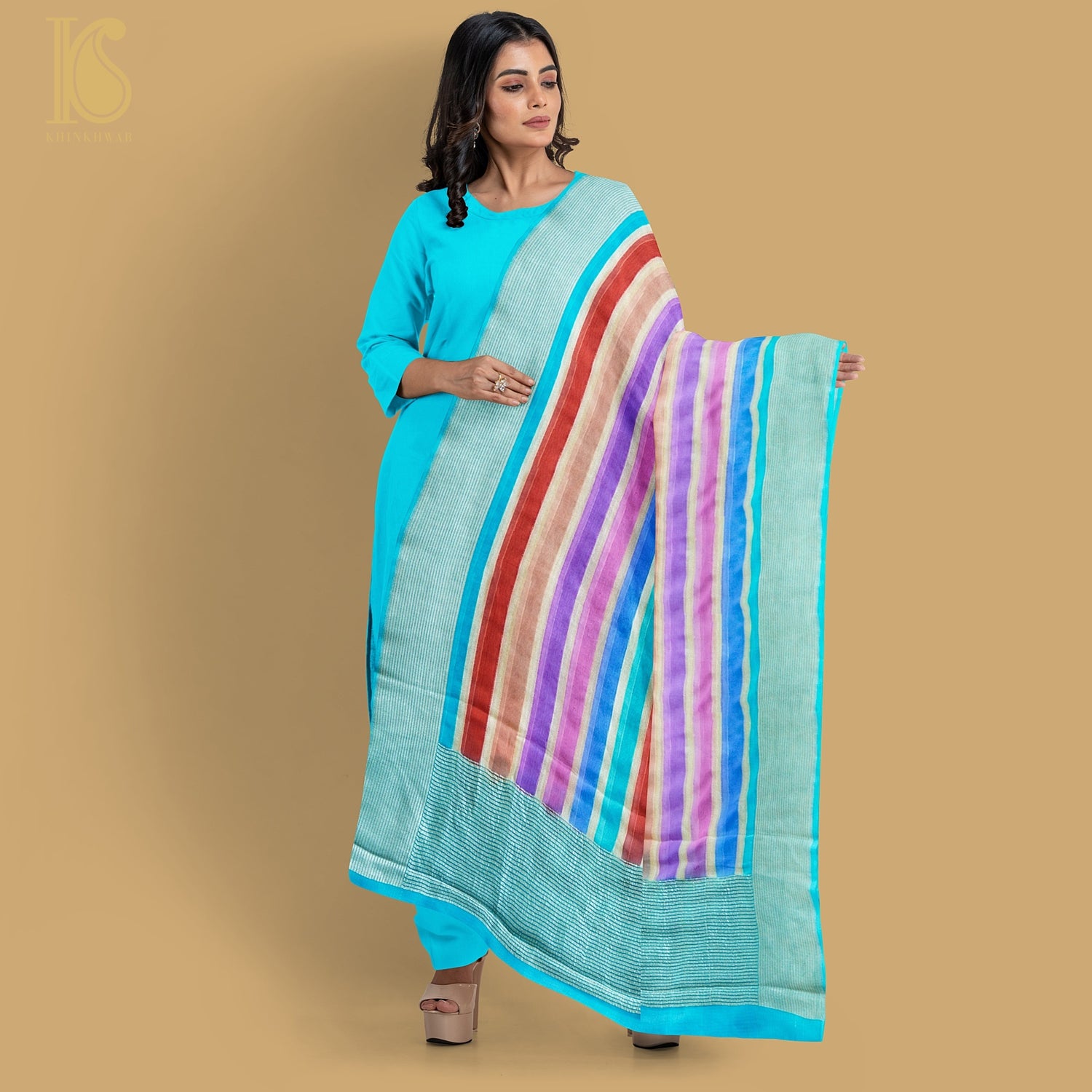 Blue Pure Georgette Handloom Banarasi Stripes Dupatta - Khinkhwab