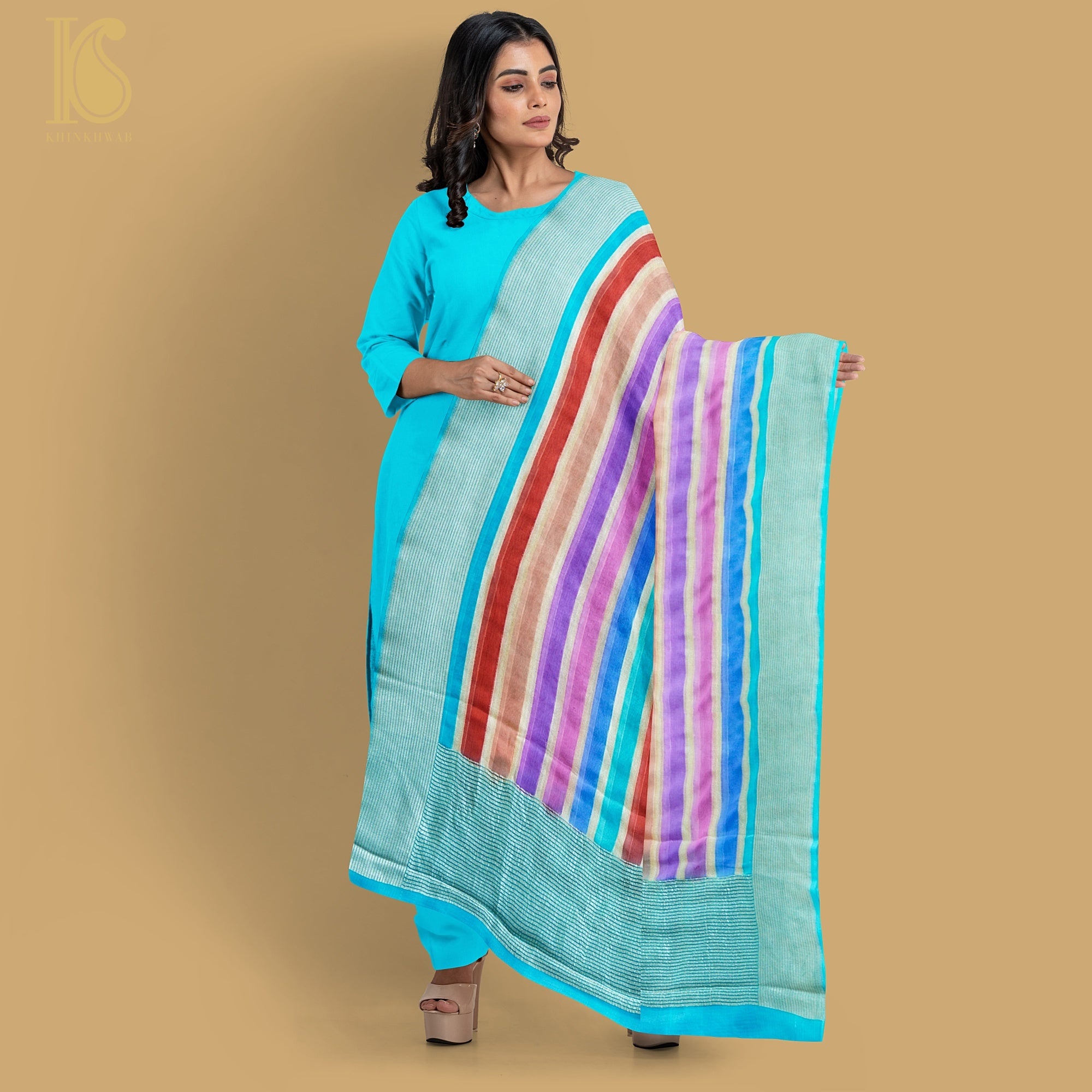 Blue Pure Georgette Handloom Banarasi Stripes Dupatta - Khinkhwab