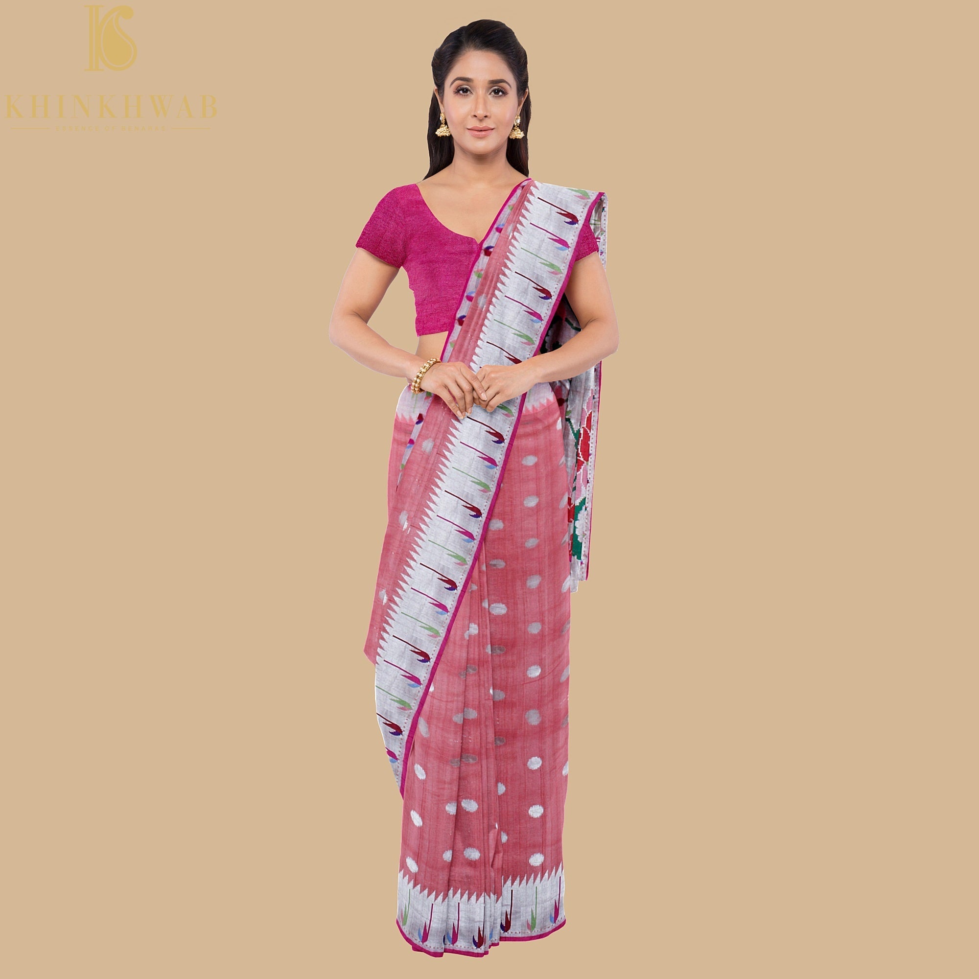 Carissma Pink Tussar Silver Zari Muniya Border Banarasi Saree - Khinkhwab