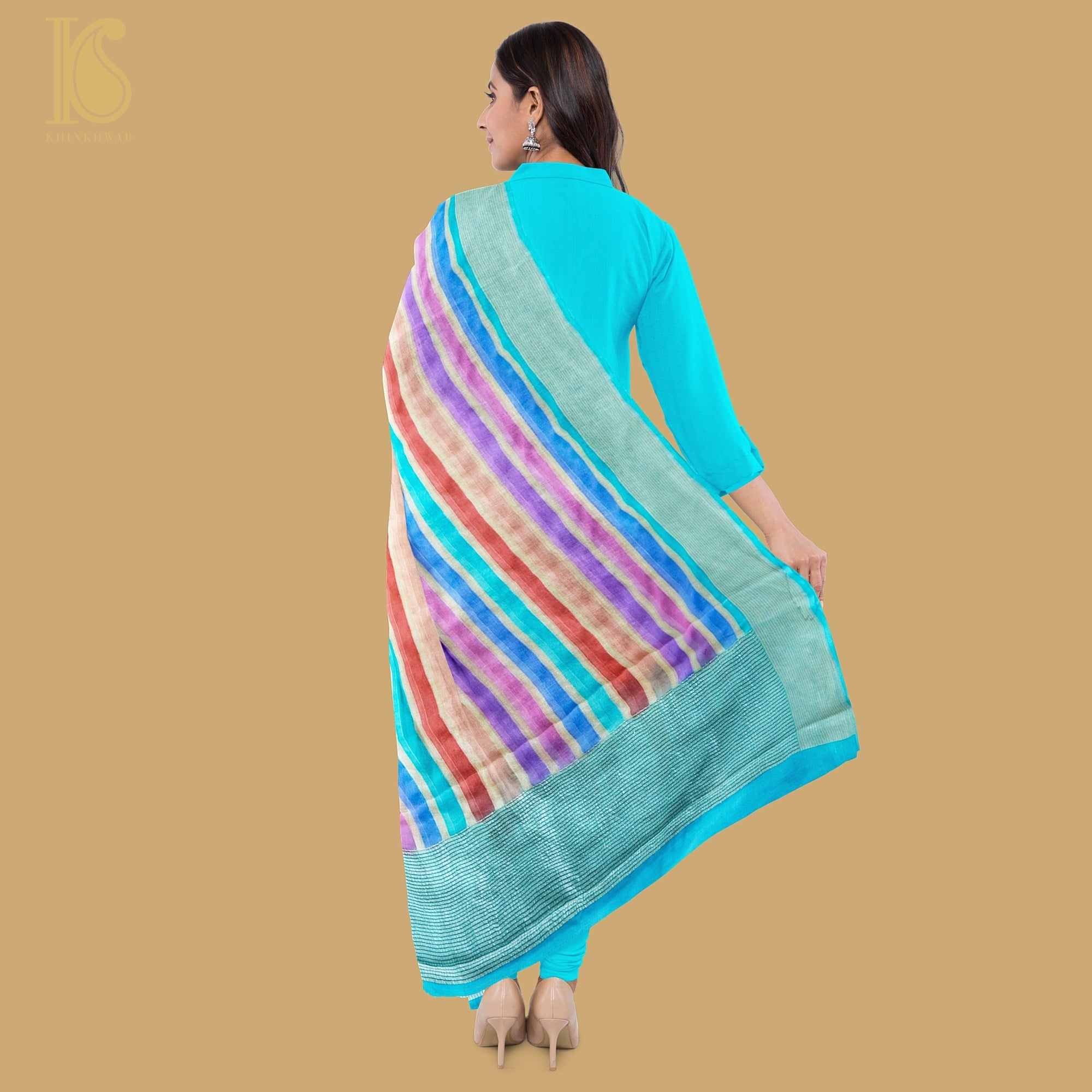 Blue Pure Georgette Handloom Banarasi Stripes Dupatta - Khinkhwab