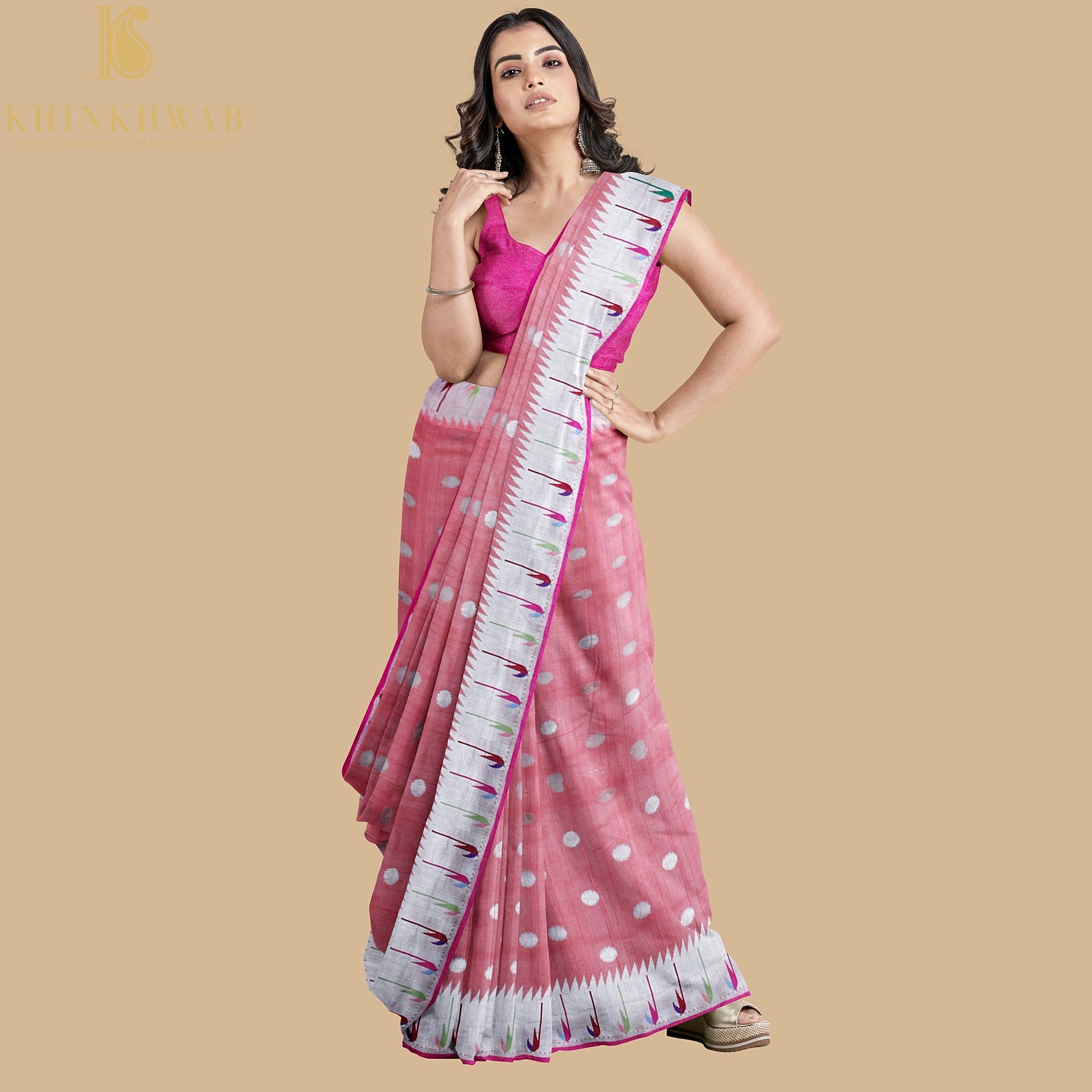 Carissma Pink Tussar Silver Zari Muniya Border Banarasi Saree - Khinkhwab