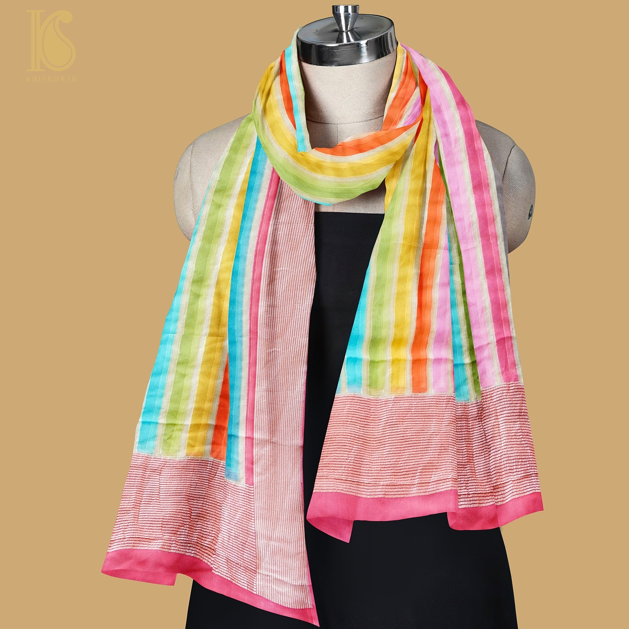 Pink Pure Georgette Handloom Banarasi Stripes Dupatta - Khinkhwab