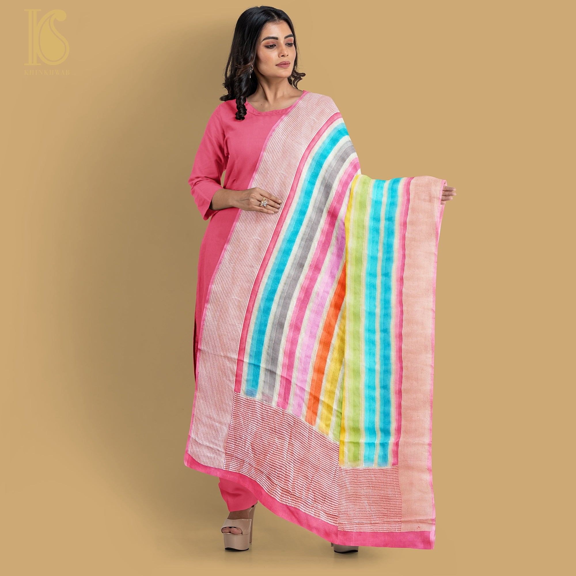 Pink Pure Georgette Handloom Banarasi Stripes Dupatta - Khinkhwab