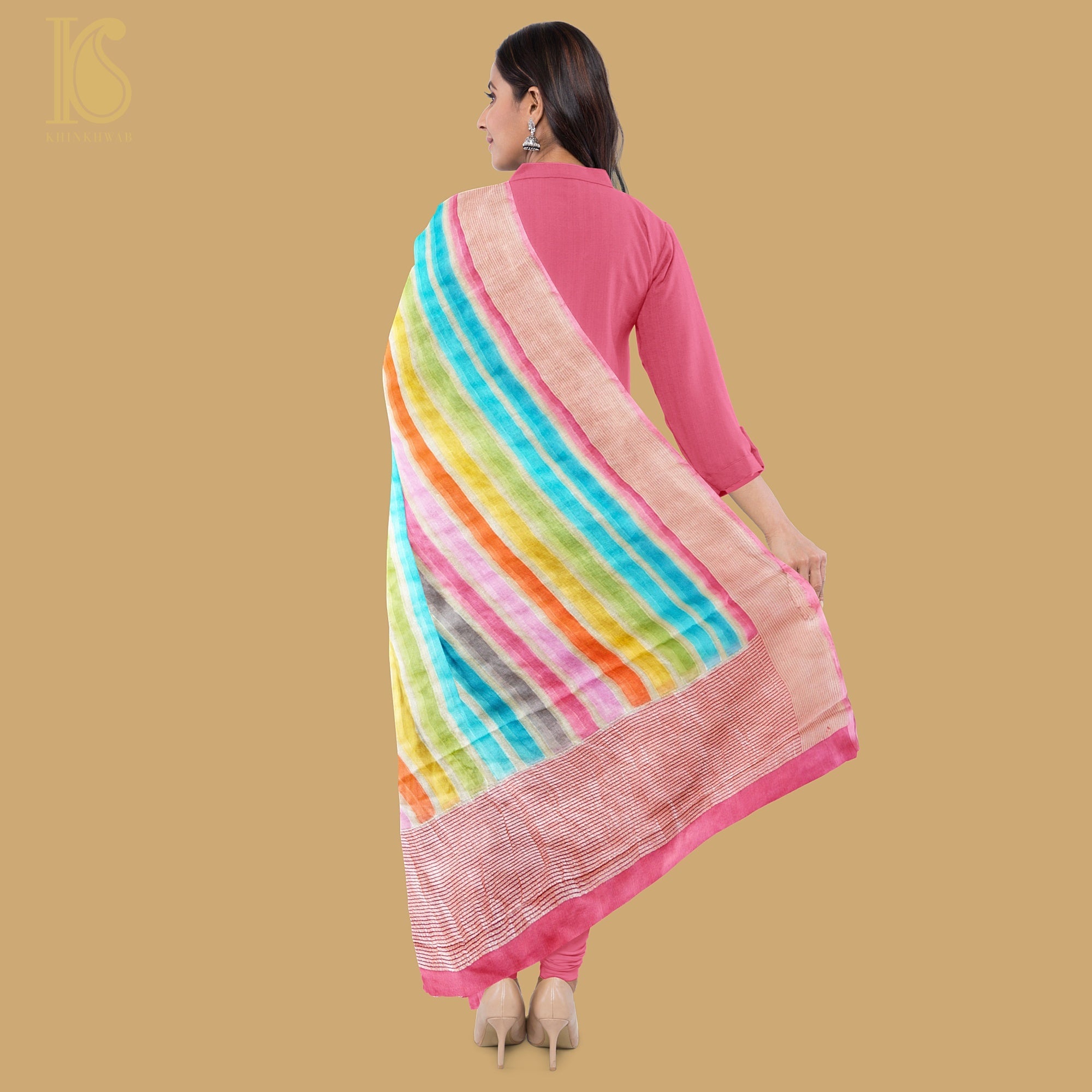 Pink Pure Georgette Handloom Banarasi Stripes Dupatta - Khinkhwab