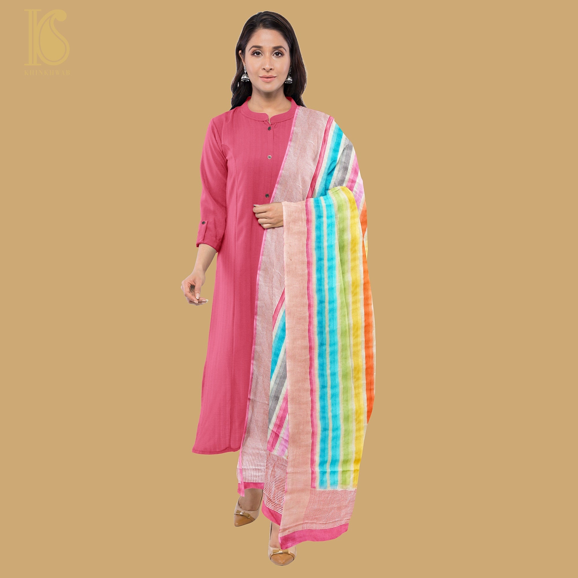 Pink Pure Georgette Handloom Banarasi Stripes Dupatta - Khinkhwab