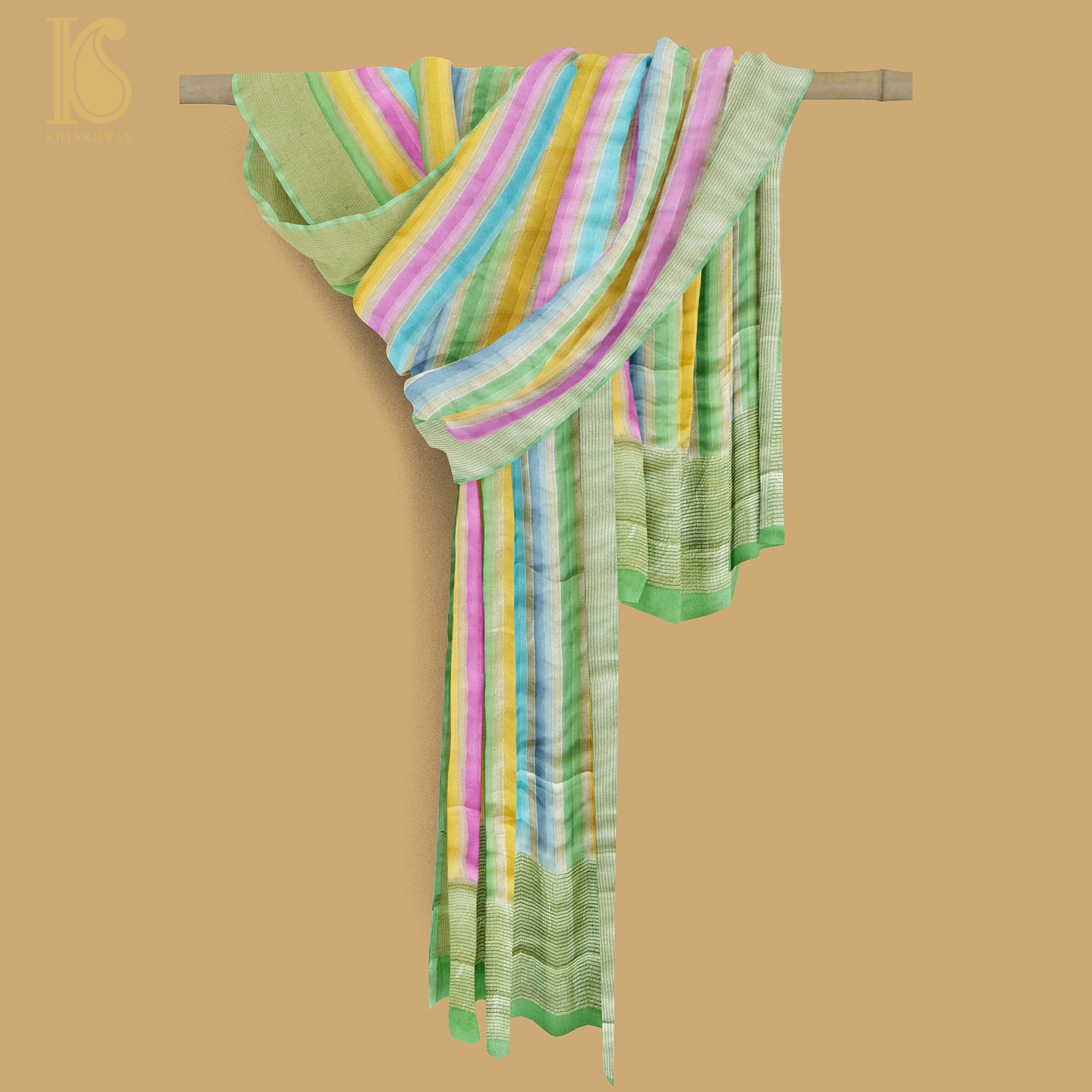Fern Green Pure Georgette Handloom Banarasi Stripes Dupatta - Khinkhwab