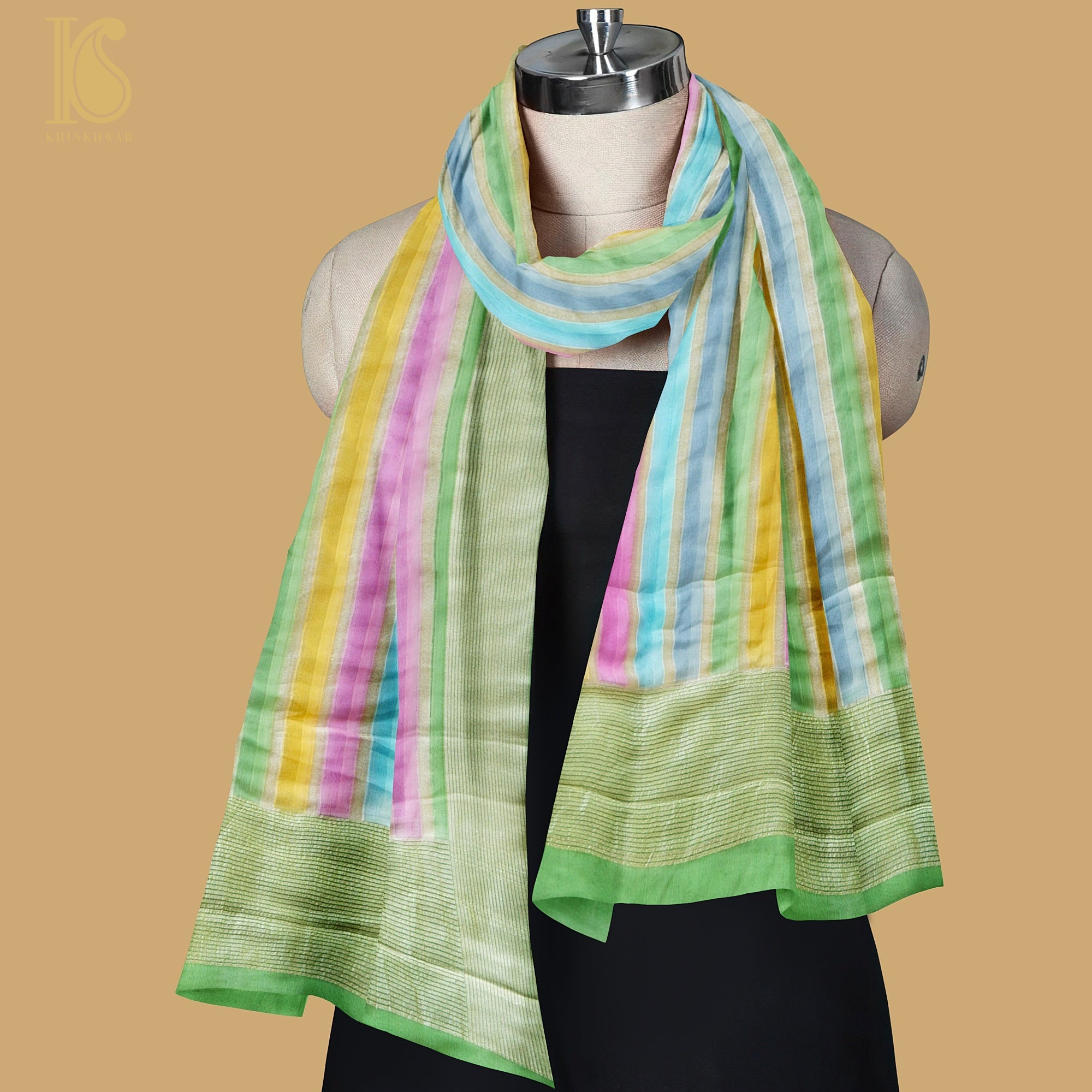 Fern Green Pure Georgette Handloom Banarasi Stripes Dupatta - Khinkhwab
