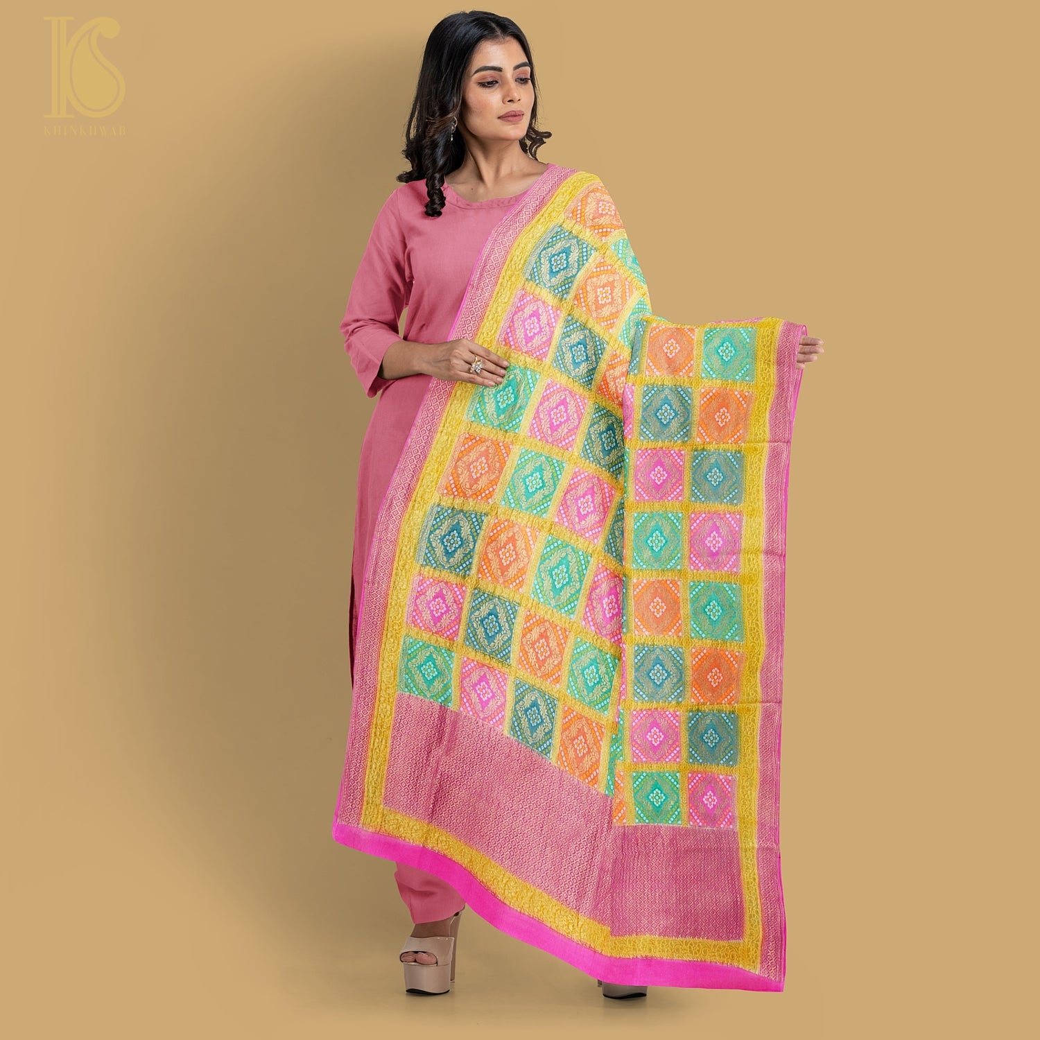 Pink Pure Georgette Banarasi Dupatta with Woven Dots - Khinkhwab