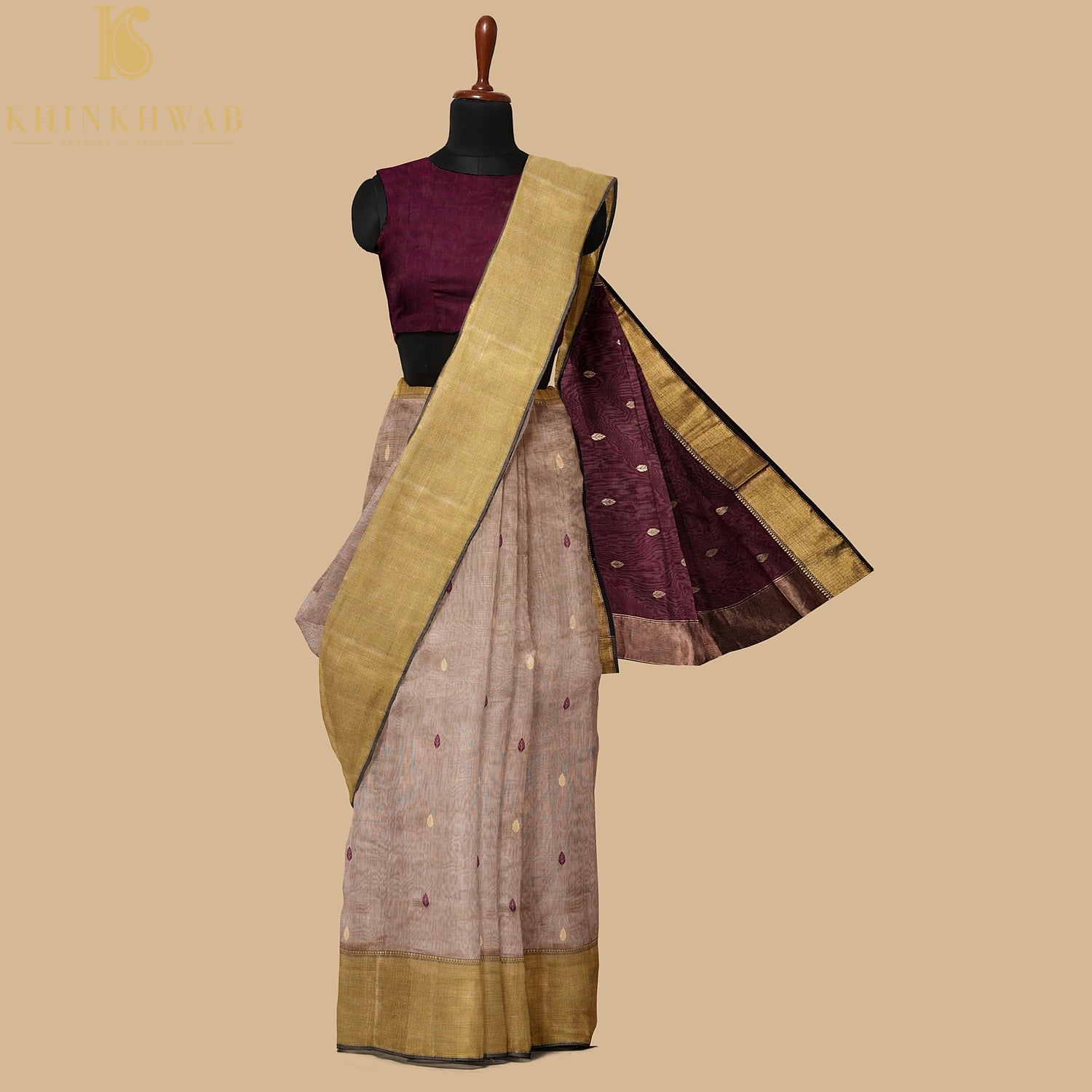 Sandrift Brown Handwoven Pure Cotton Silk Maheshwari Saree - Khinkhwab