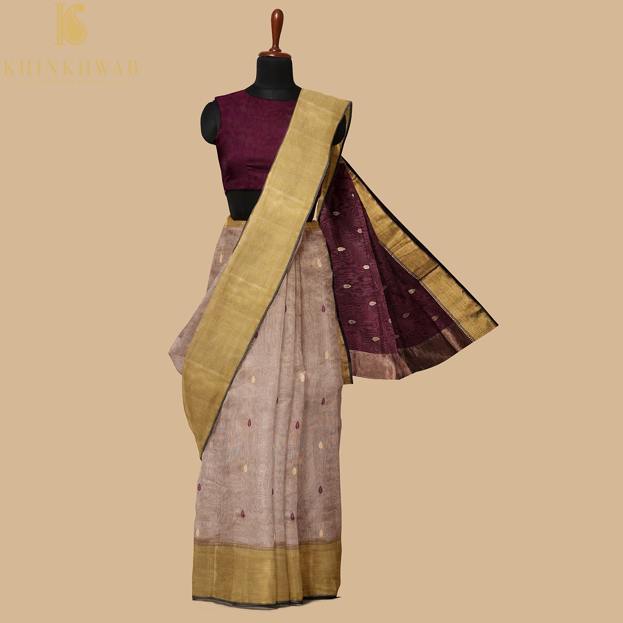 Sandrift Brown Handwoven Pure Cotton Silk Maheshwari Saree - Khinkhwab