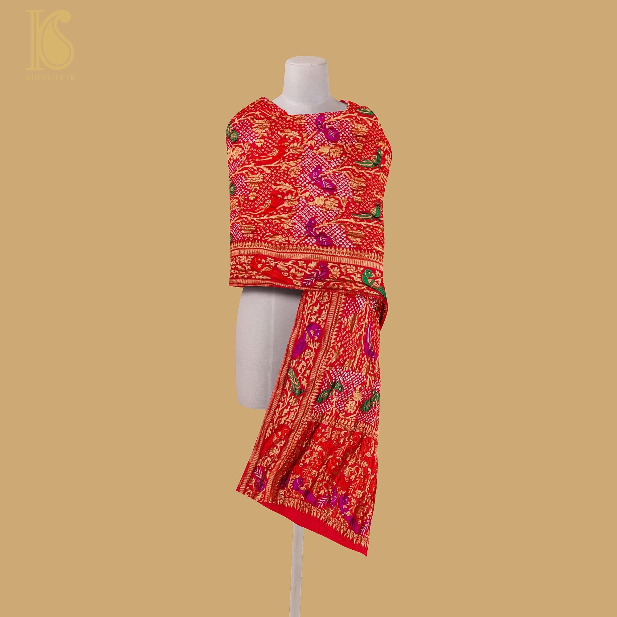 Red Georgette Bandhani Handloom Banarasi Shikargah Dupatta - Khinkhwab