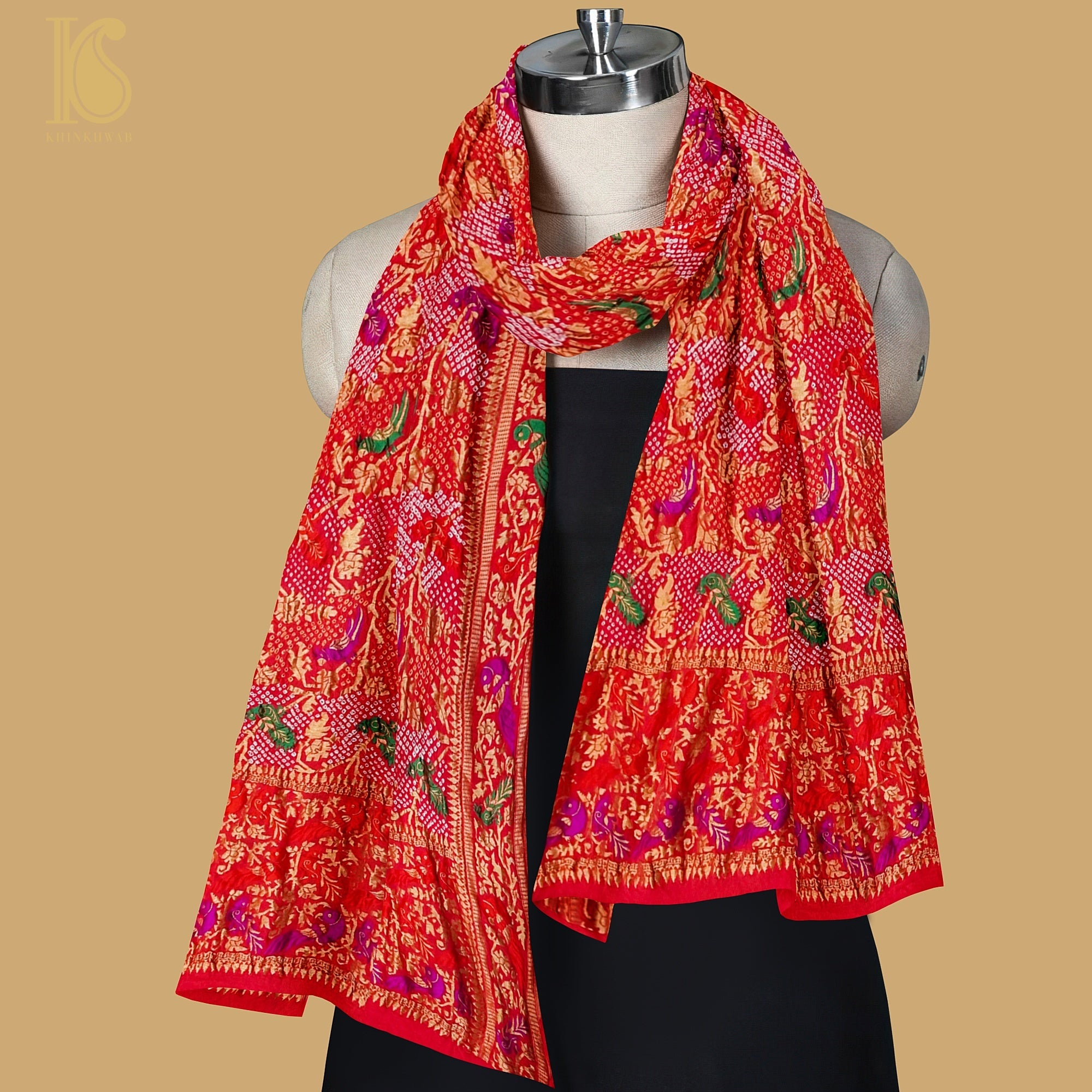 Red Georgette Bandhani Handloom Banarasi Shikargah Dupatta - Khinkhwab