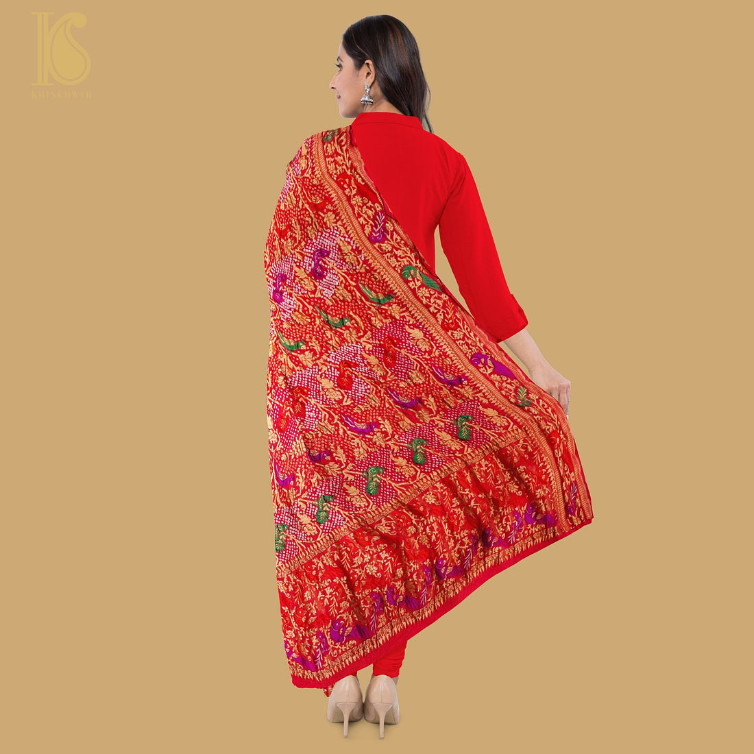 Red Georgette Bandhani Handloom Banarasi Shikargah Dupatta - Khinkhwab