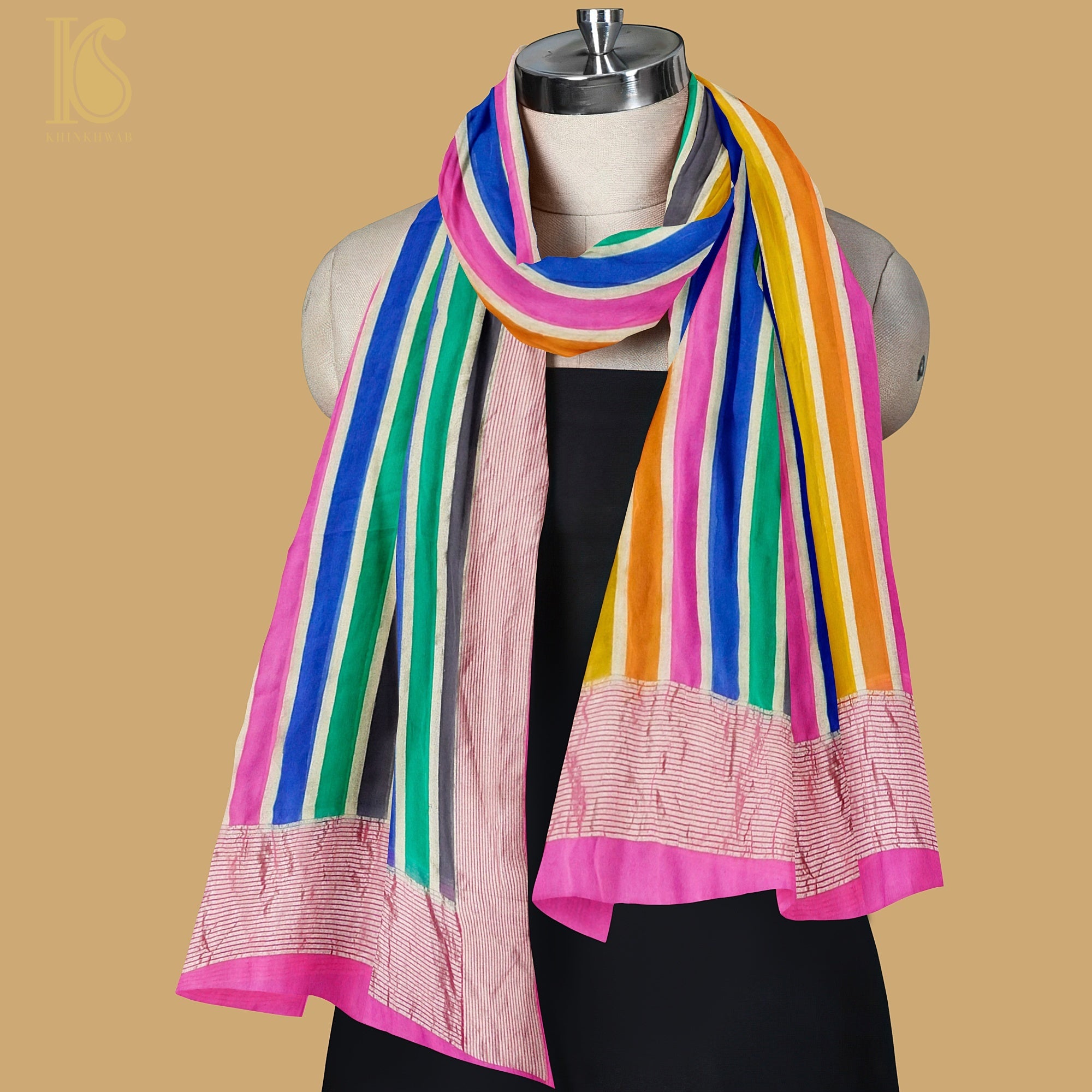 Multicolor Pure Georgette Handloom Banarasi Stripes Dupatta - Khinkhwab