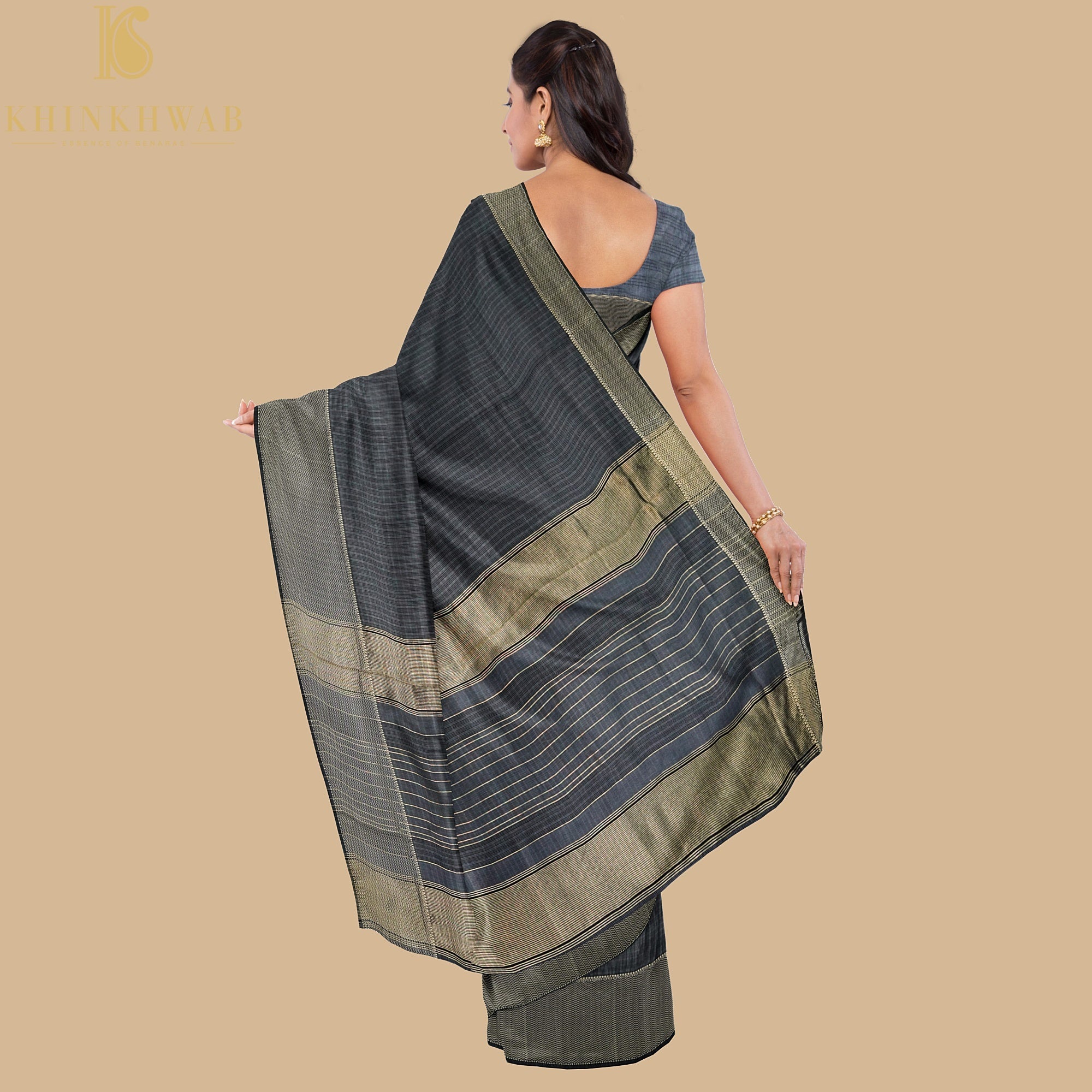 Grey Handwoven Pure Cotton Silk Maheshwari Saree - Khinkhwab