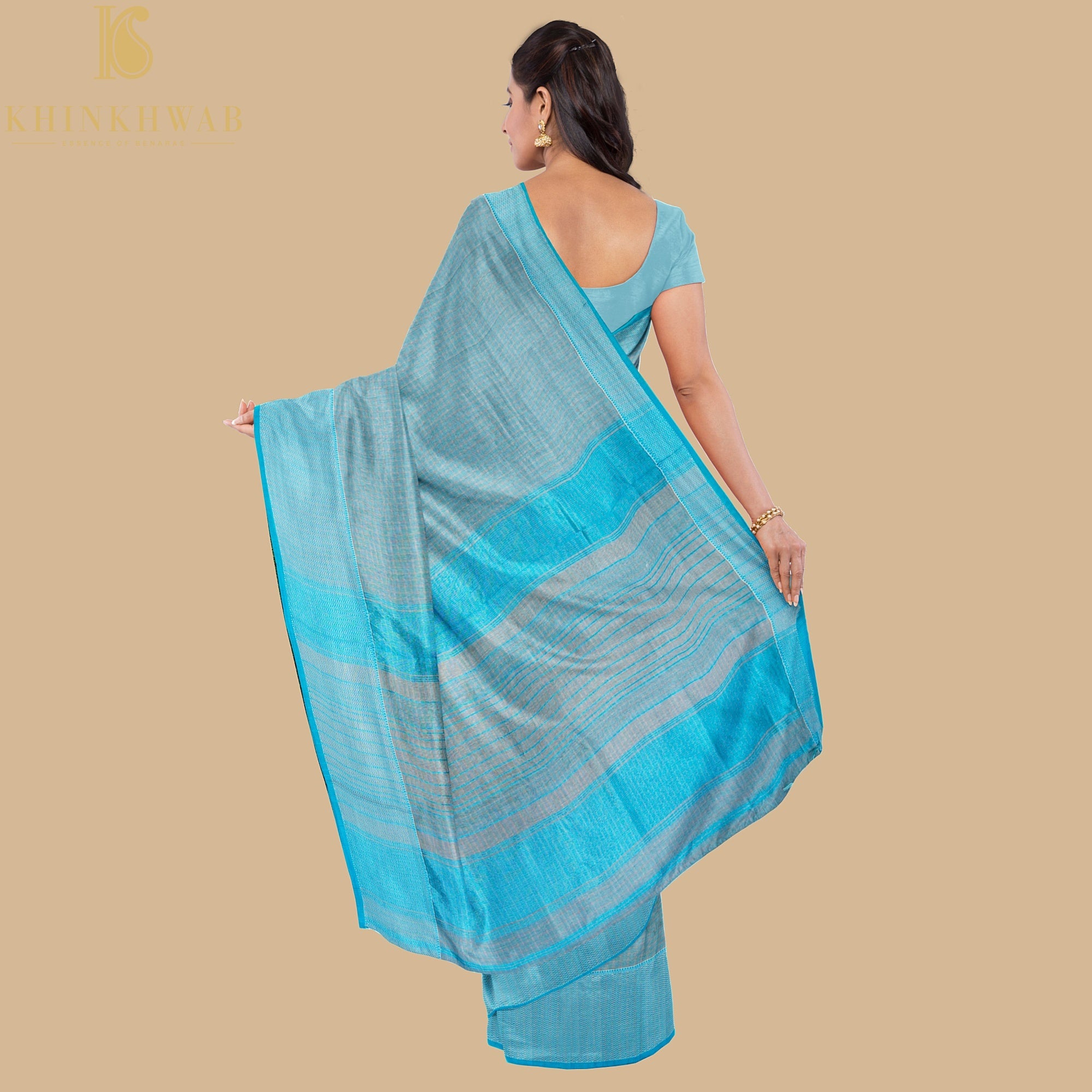 Echo Blue Handwoven Pure Cotton Silk Maheshwari Saree - Khinkhwab