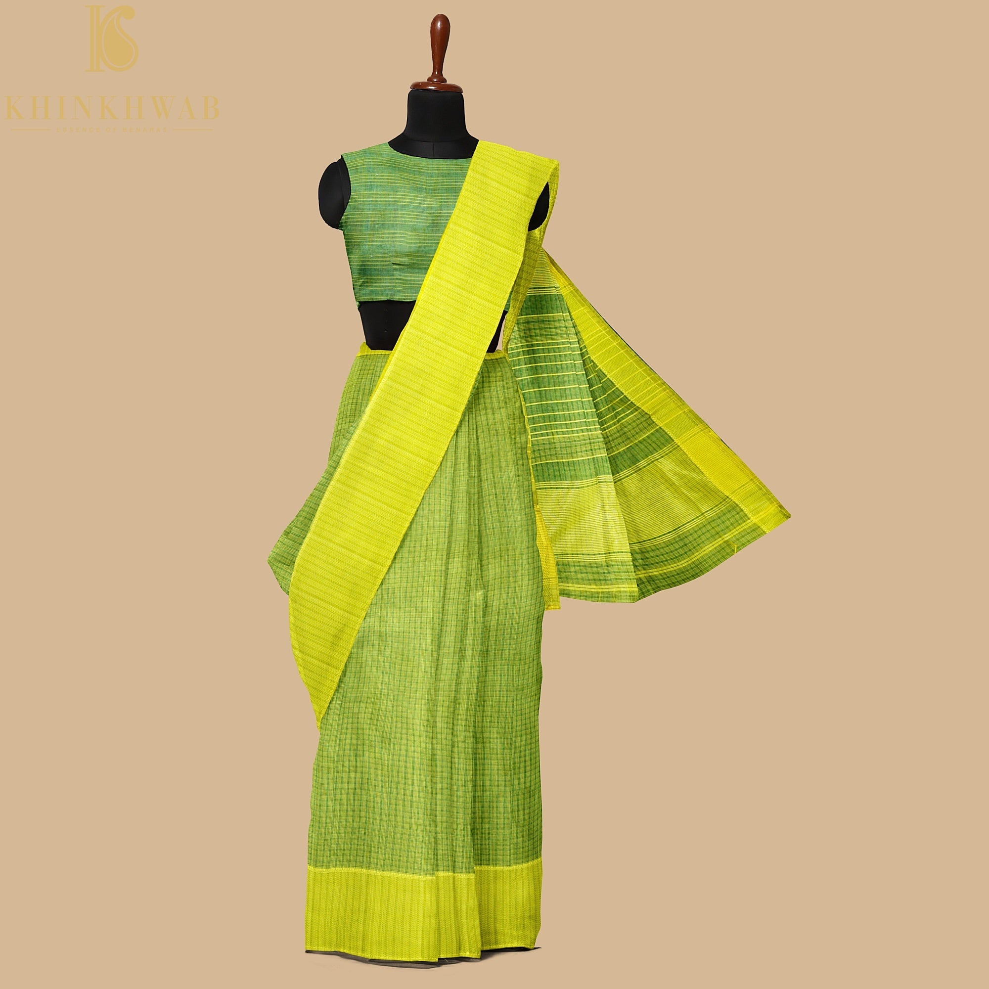 Celery Green Handwoven Pure Cotton Silk Maheshwari Saree - Khinkhwab
