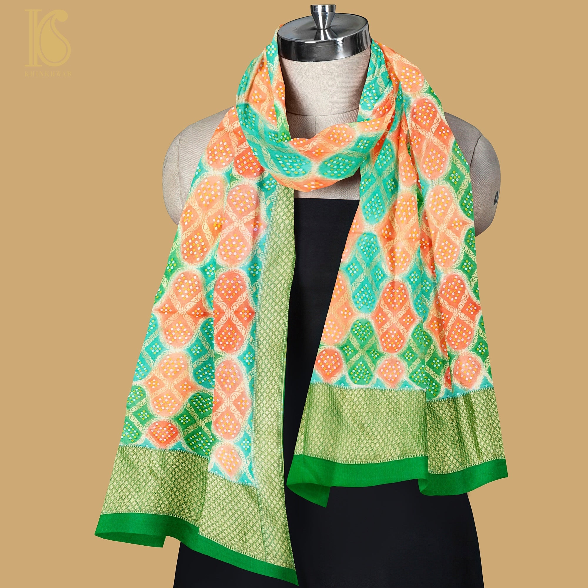 Green & Peach Pure Georgette Banarasi Dupatta with Woven Dots - Khinkhwab