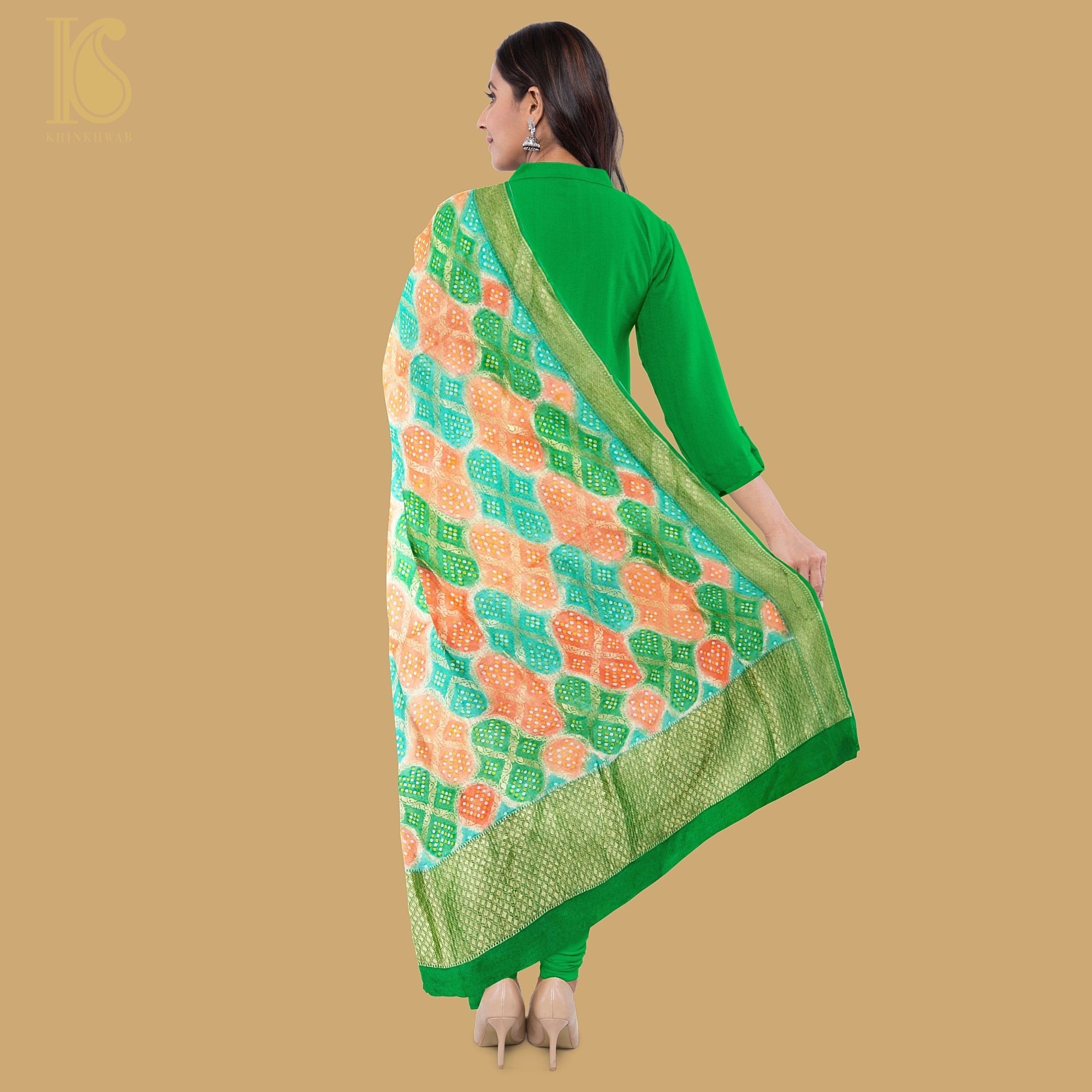 Green & Peach Pure Georgette Banarasi Dupatta with Woven Dots - Khinkhwab