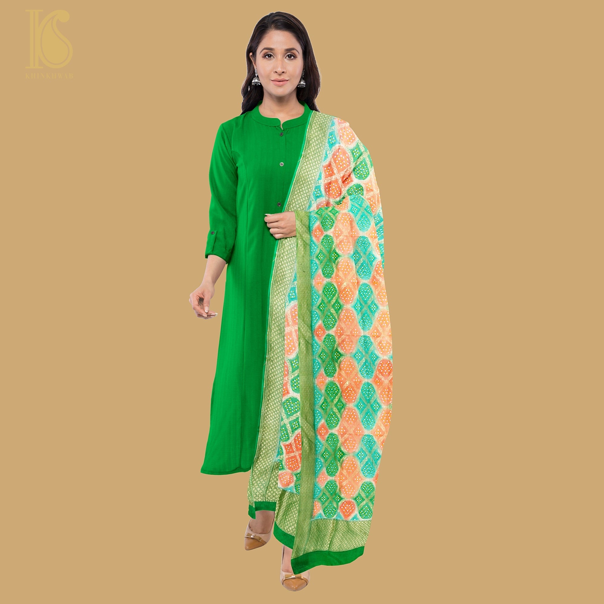 Green & Peach Pure Georgette Banarasi Dupatta with Woven Dots - Khinkhwab