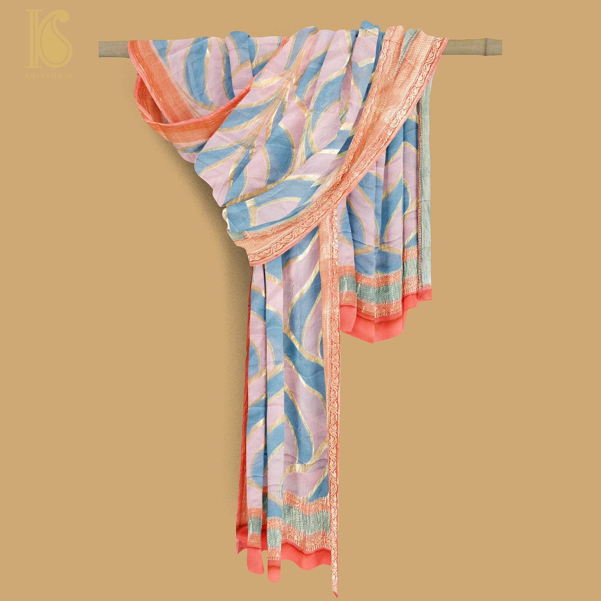 Shilo Pink & Blue Georgette Handloom Banarasi Dupatta - Khinkhwab