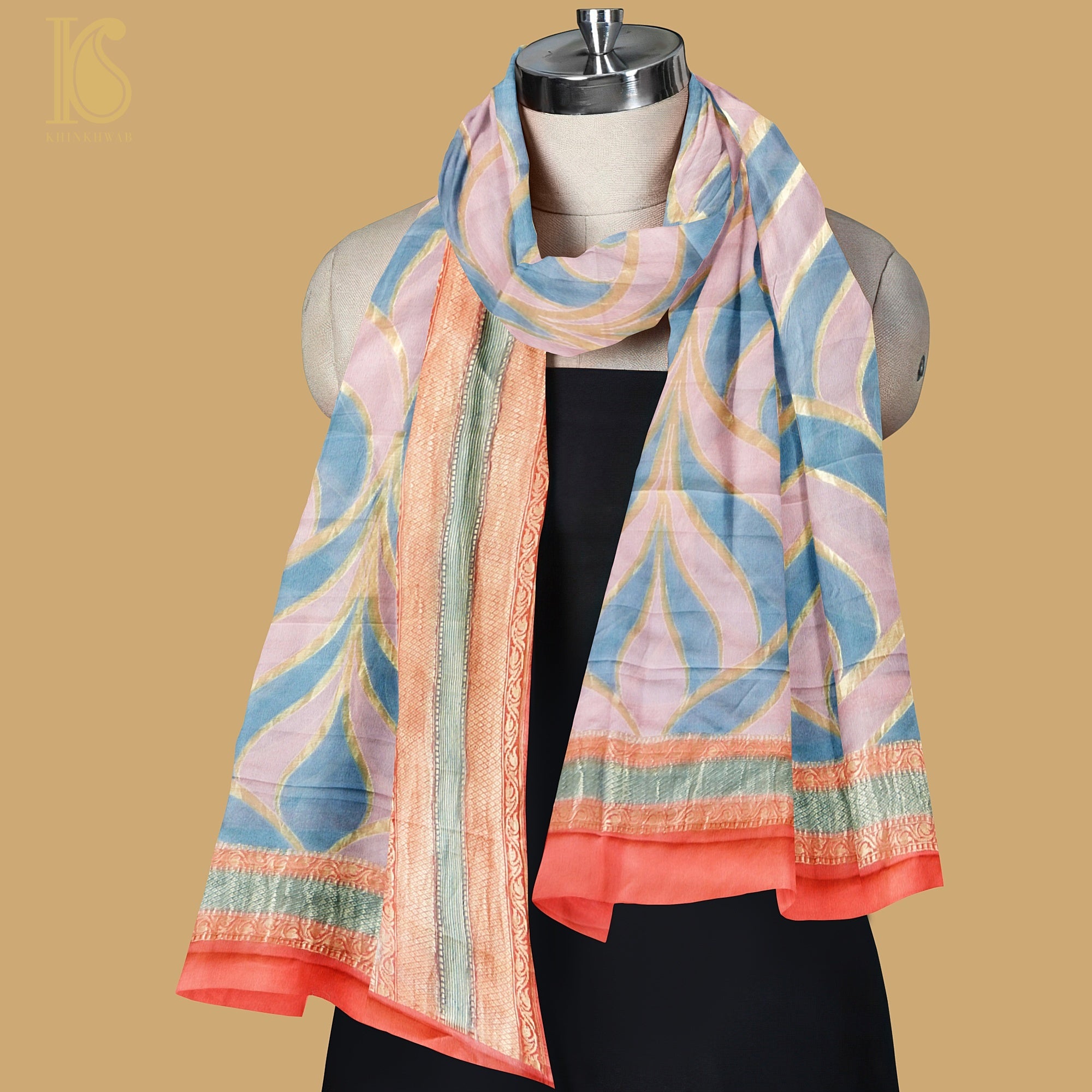 Shilo Pink & Blue Georgette Handloom Banarasi Dupatta - Khinkhwab