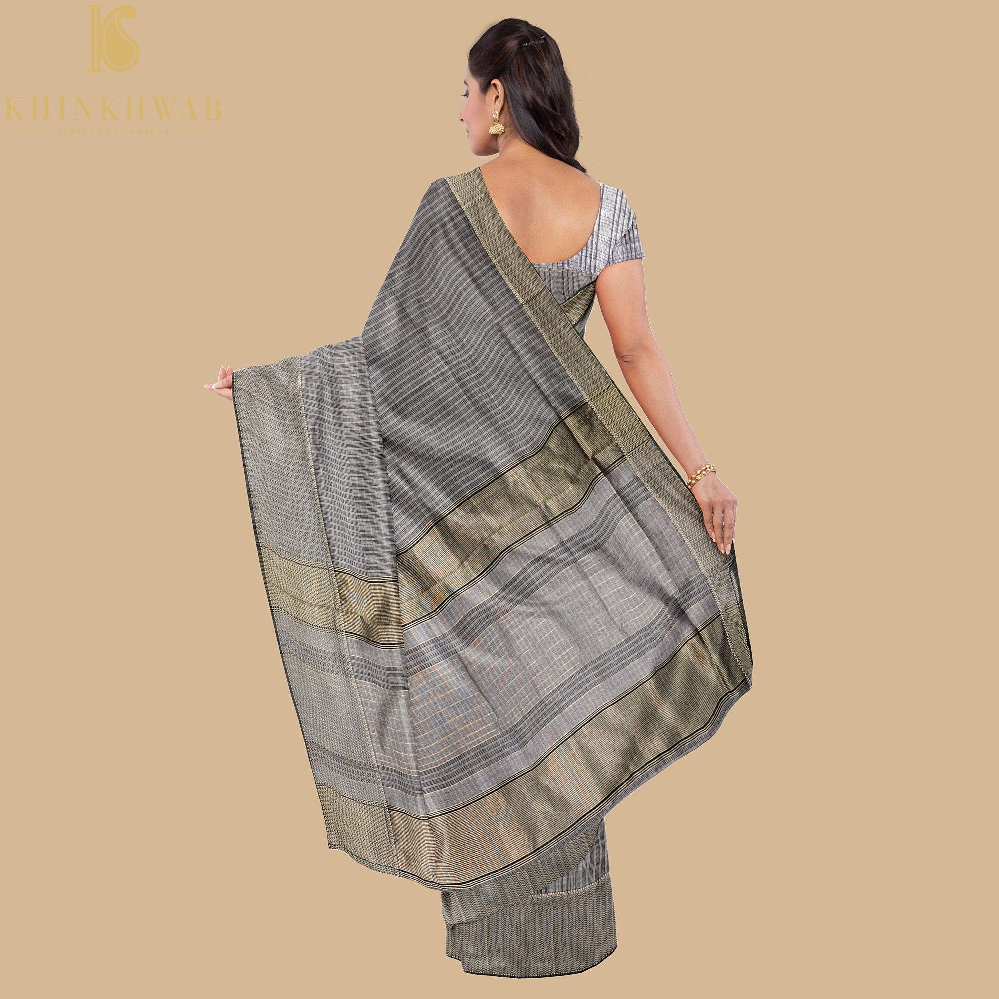 Grey Handwoven Pure Cotton Silk Maheshwari Saree - Khinkhwab
