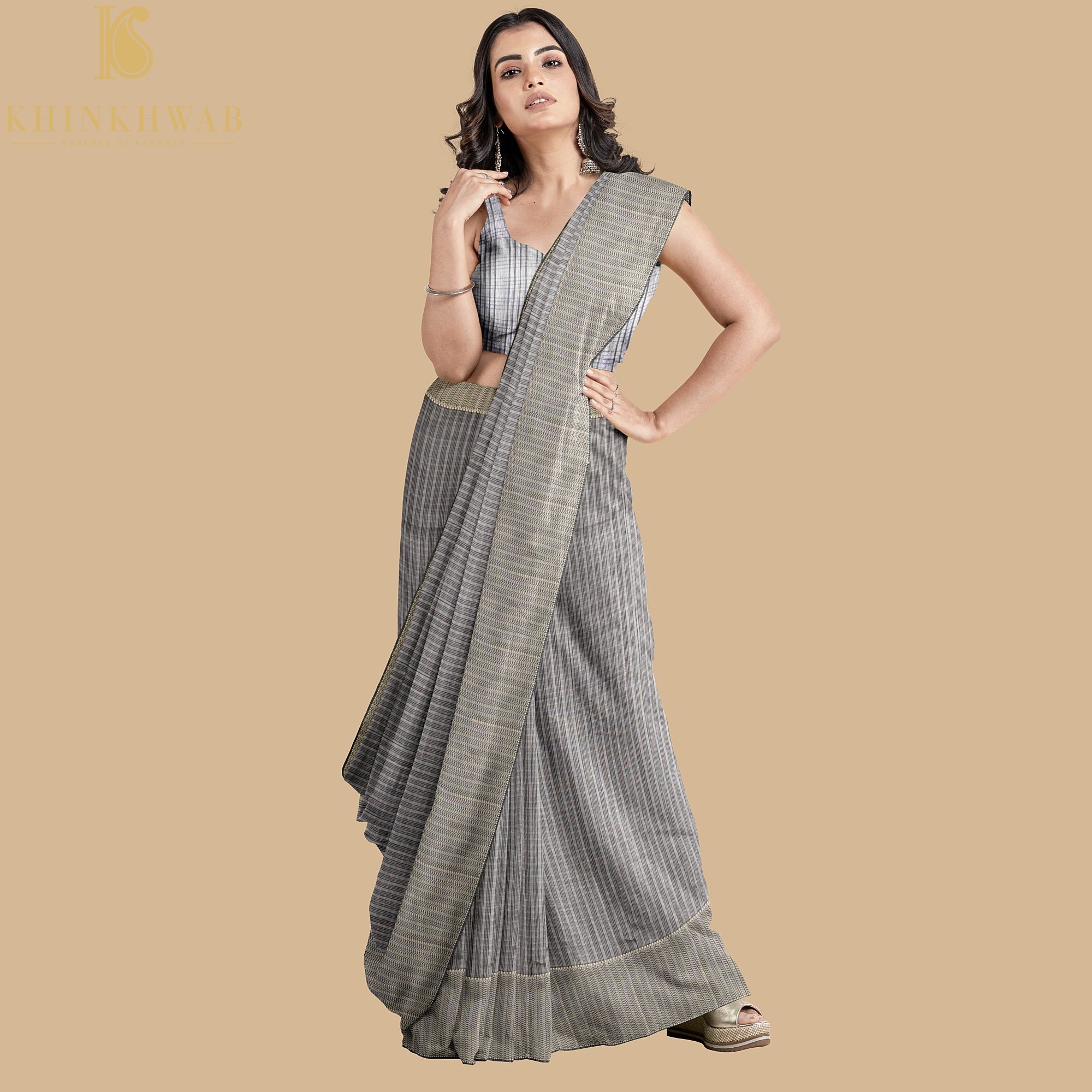 Grey Handwoven Pure Cotton Silk Maheshwari Saree - Khinkhwab