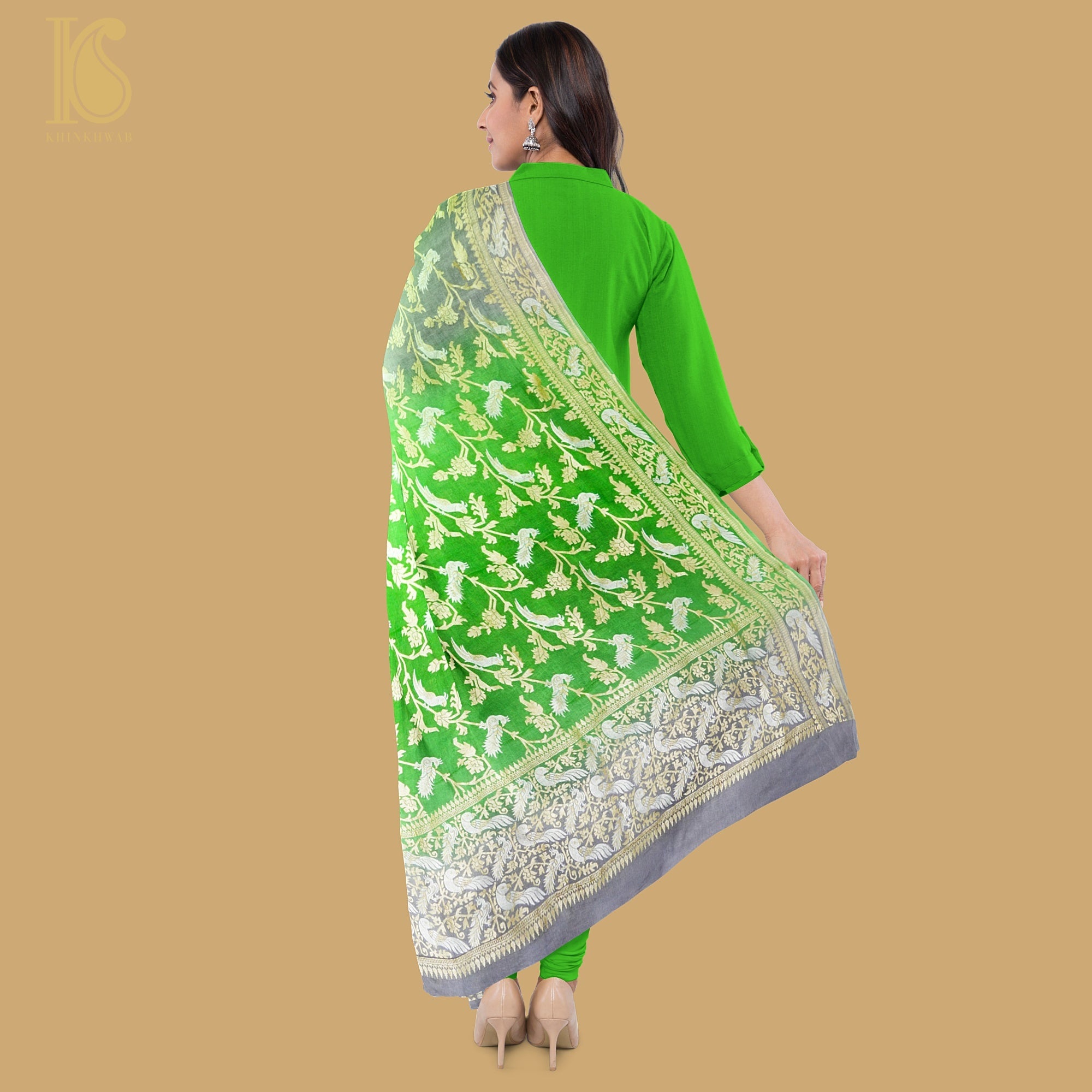 Green & Grey Pure Georgette Banarasi Meenakari Birds Dupatta - Khinkhwab