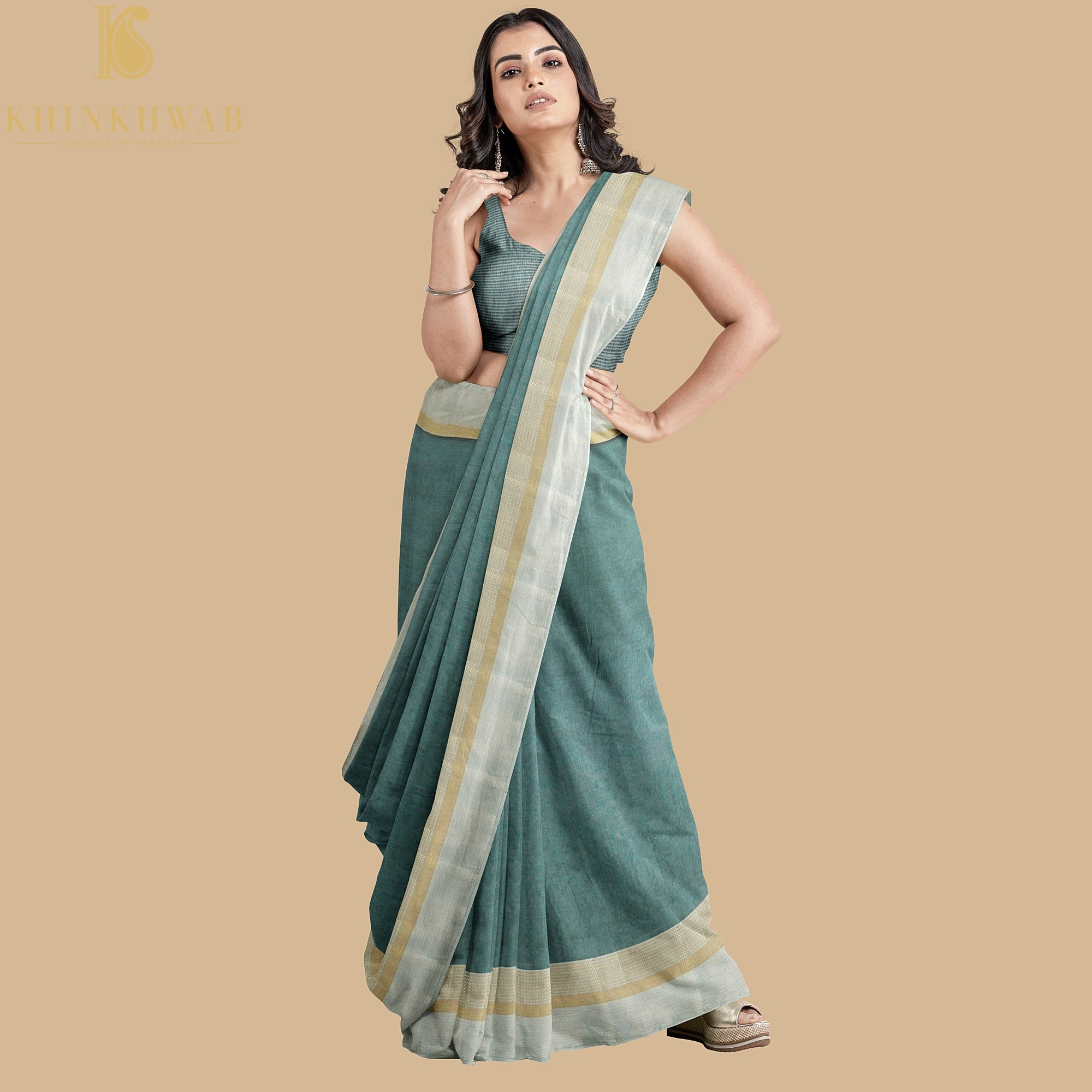 Breaker Bay Grey Handwoven Pure Cotton Silk Maheshwari Saree - Khinkhwab