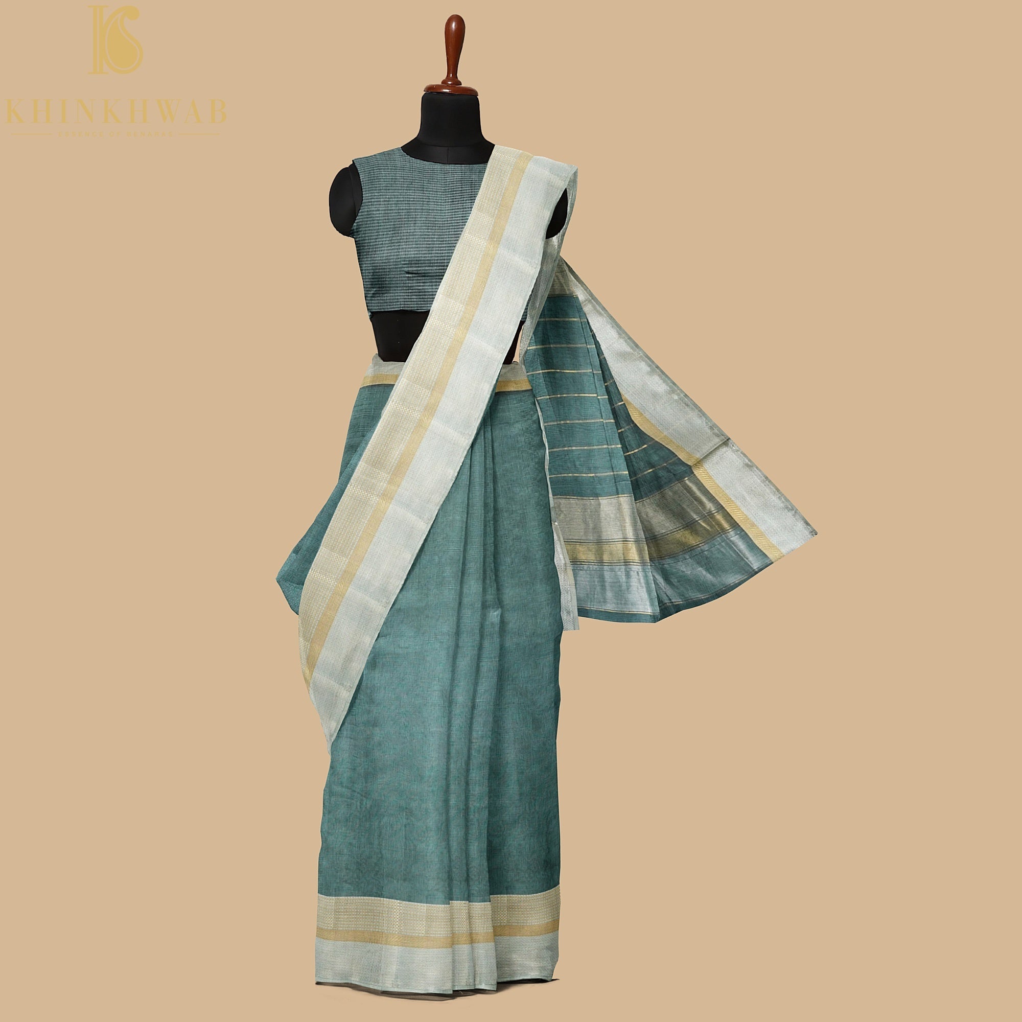 Breaker Bay Grey Handwoven Pure Cotton Silk Maheshwari Saree - Khinkhwab
