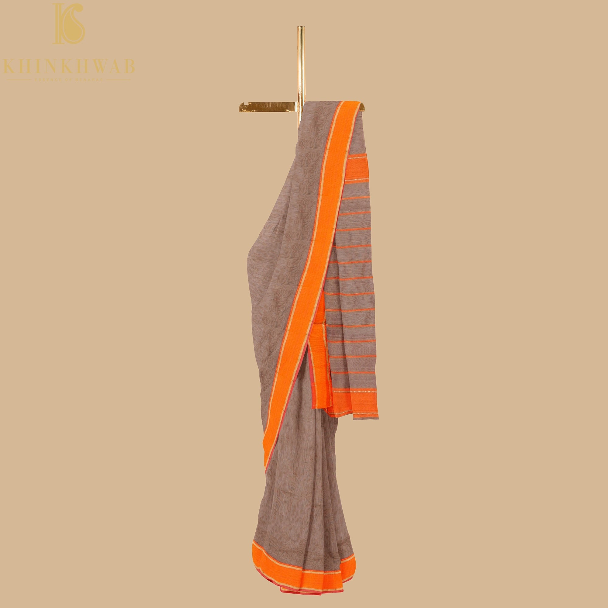 Hemp Brown Handwoven Pure Cotton Silk Maheshwari Saree - Khinkhwab