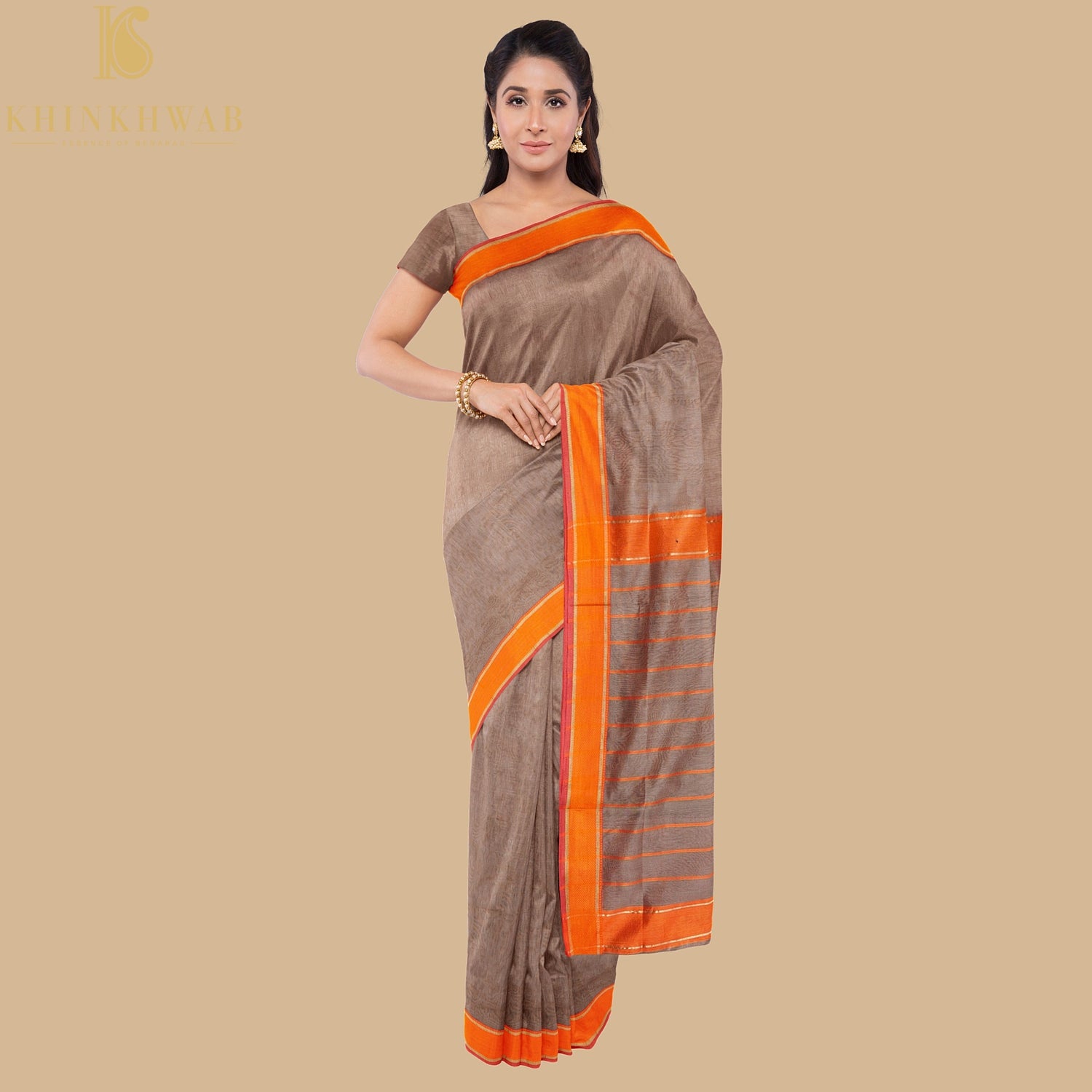 Hemp Brown Handwoven Pure Cotton Silk Maheshwari Saree - Khinkhwab