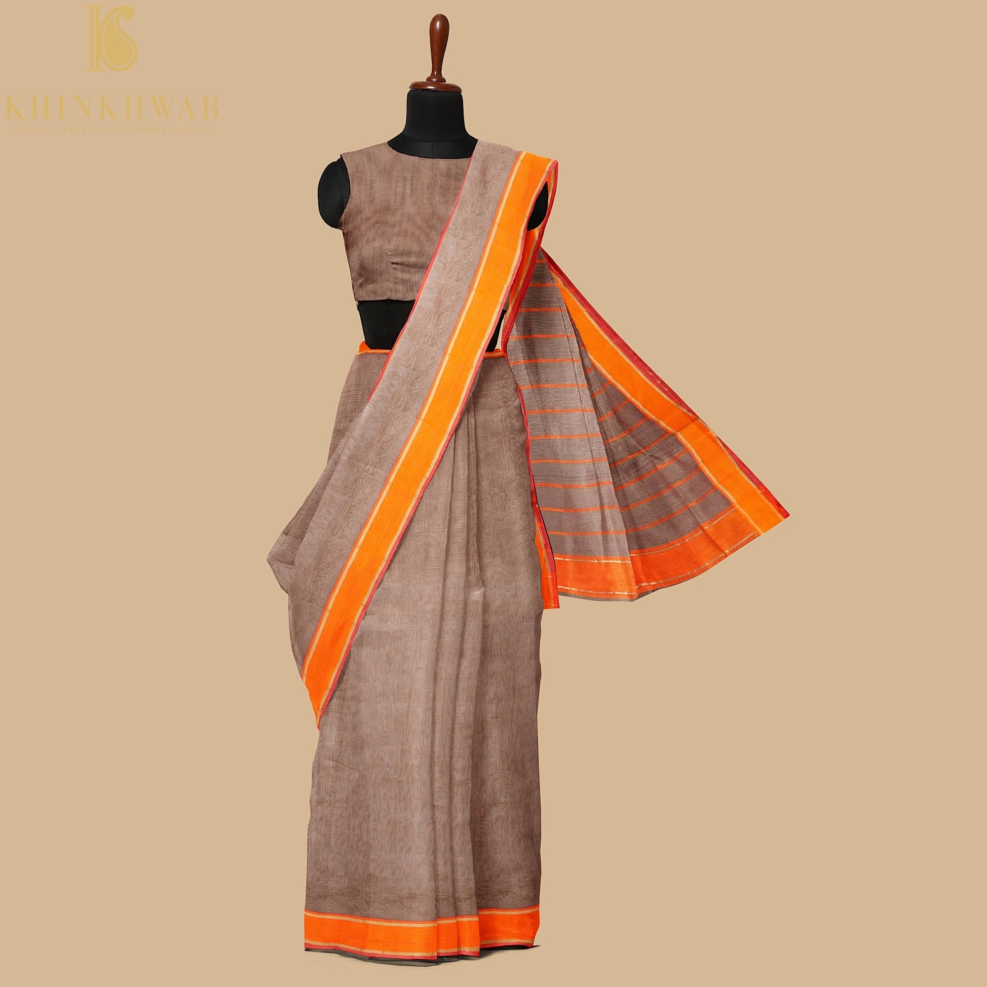 Hemp Brown Handwoven Pure Cotton Silk Maheshwari Saree - Khinkhwab