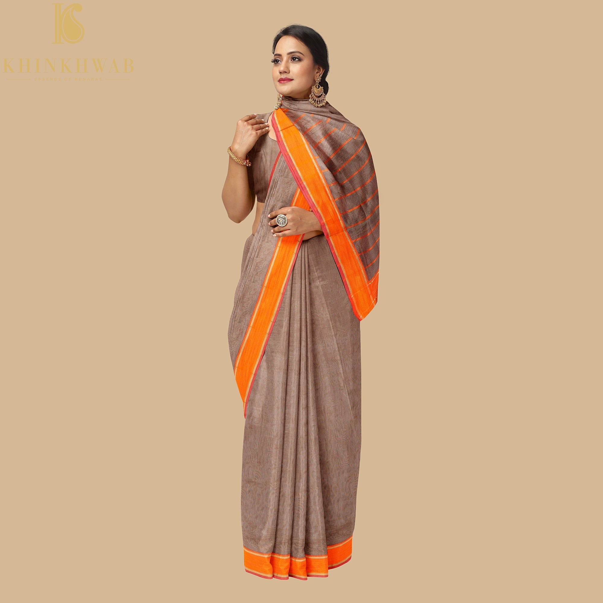 Hemp Brown Handwoven Pure Cotton Silk Maheshwari Saree - Khinkhwab
