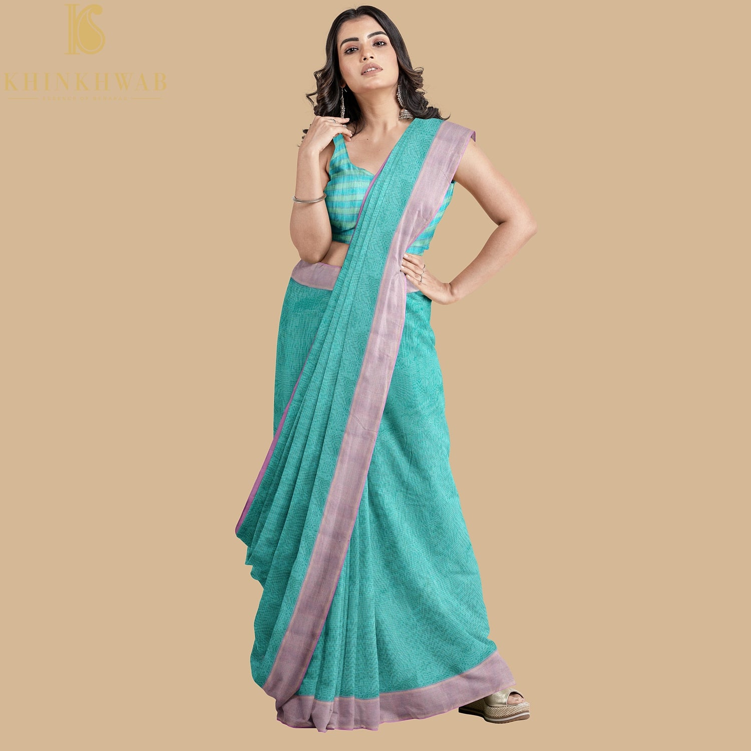 Bermuda Blue Handwoven Pure Cotton Silk Maheshwari Saree - Khinkhwab