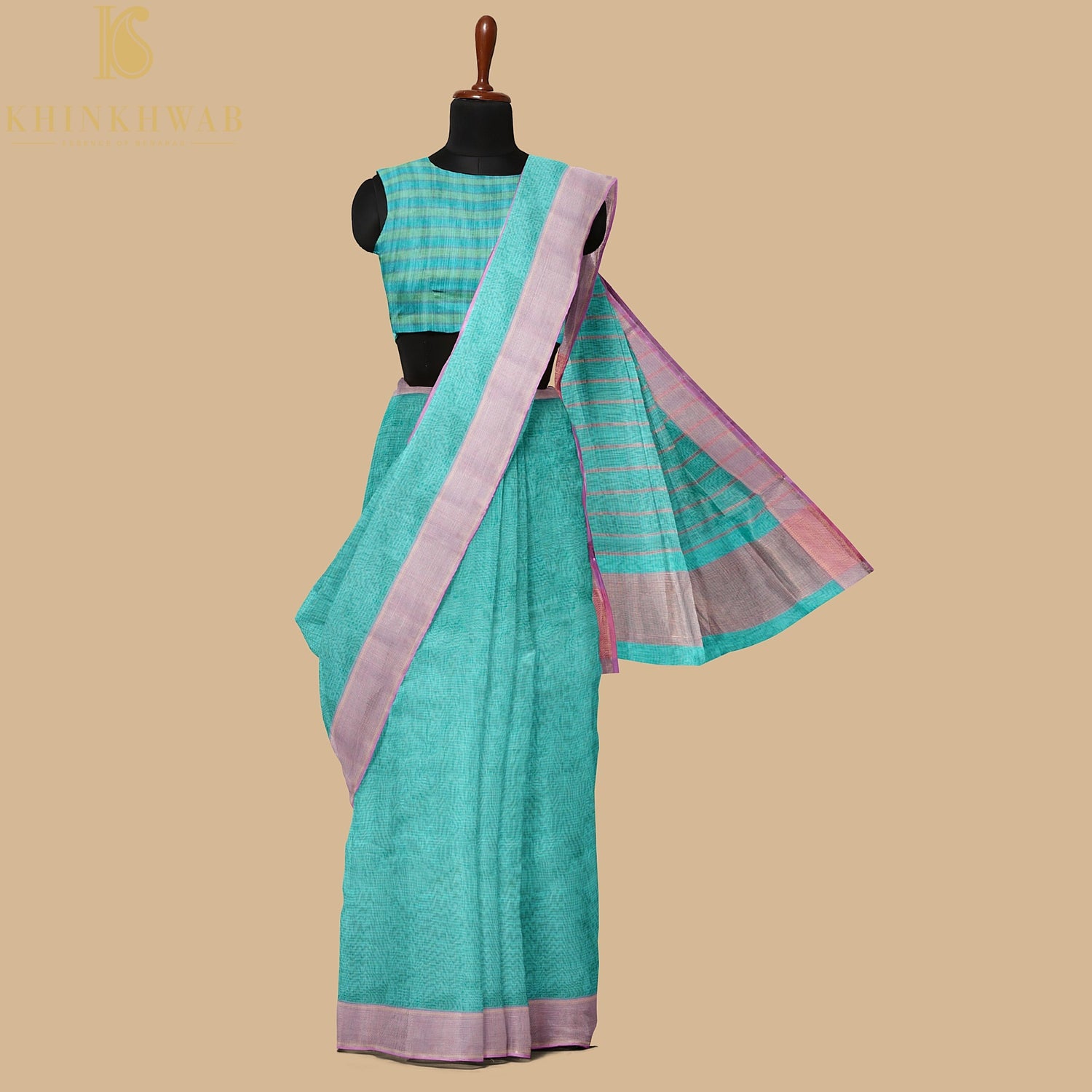 Bermuda Blue Handwoven Pure Cotton Silk Maheshwari Saree - Khinkhwab