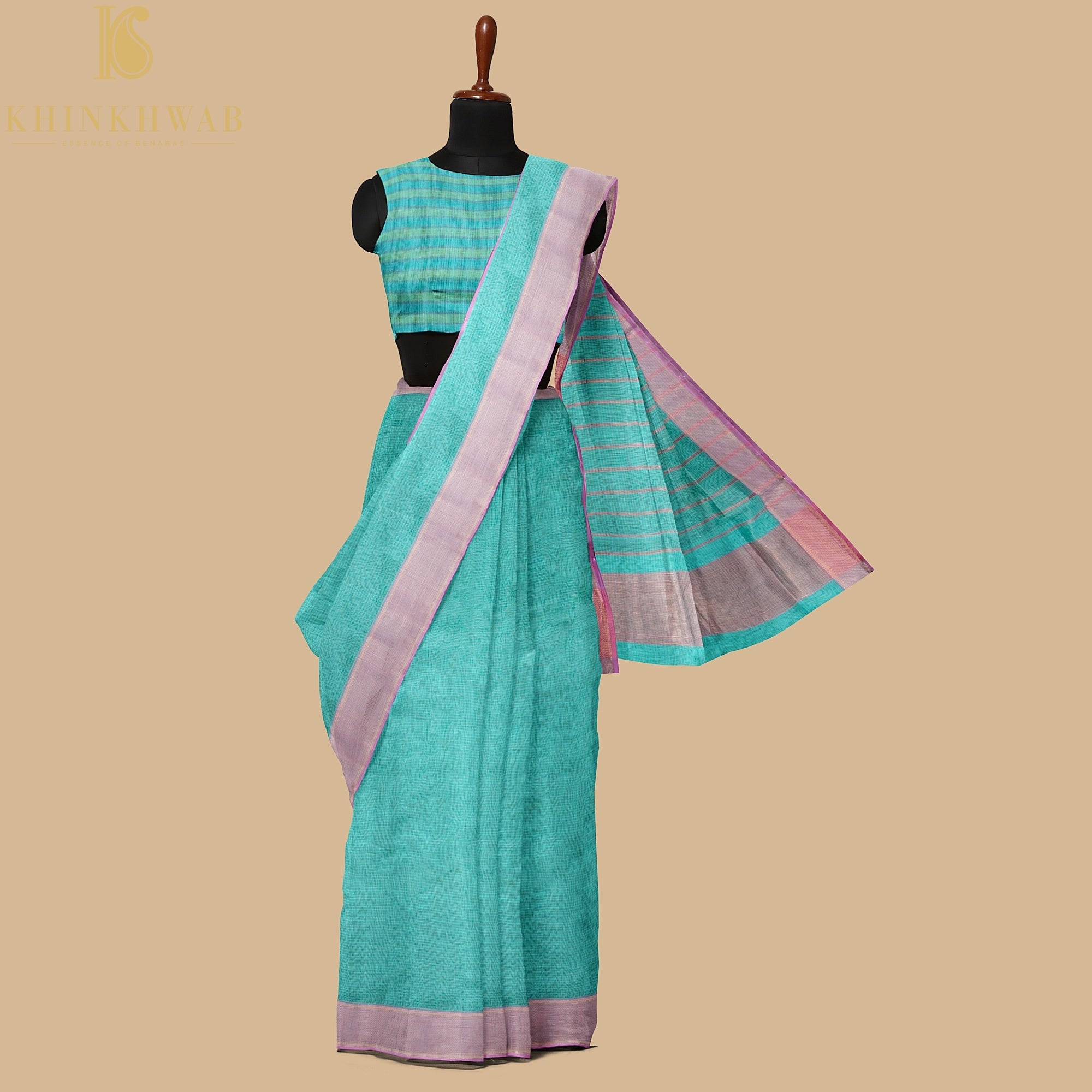 Bermuda Blue Handwoven Pure Cotton Silk Maheshwari Saree - Khinkhwab