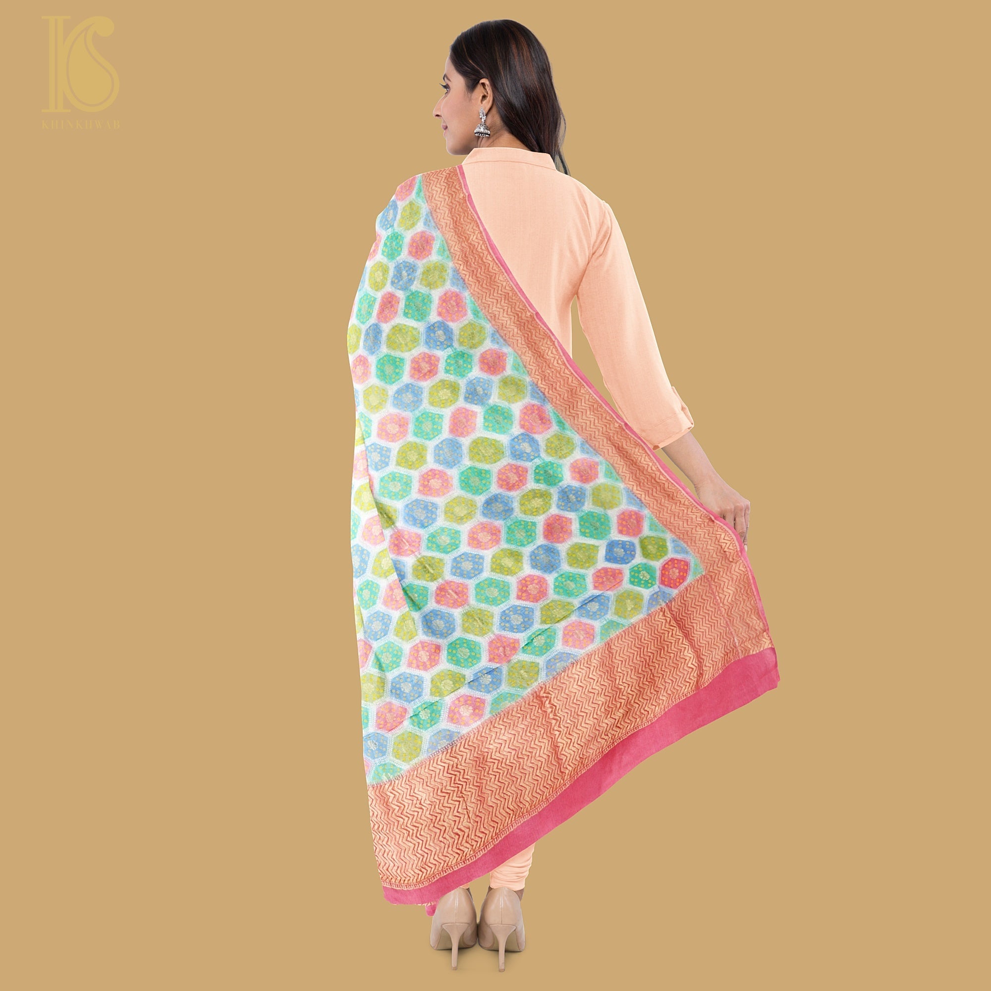 Pink Pure Georgette Banarasi Dupatta with Woven Dots - Khinkhwab
