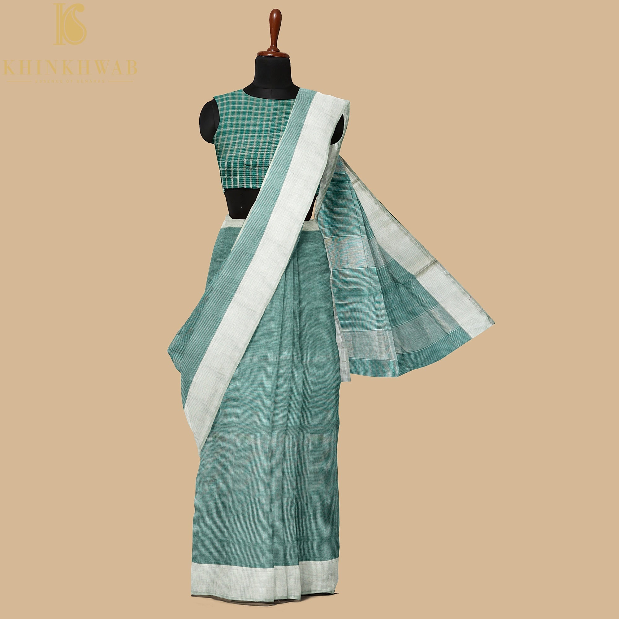 Teal Handwoven Pure Cotton Silk Maheshwari Saree - Khinkhwab