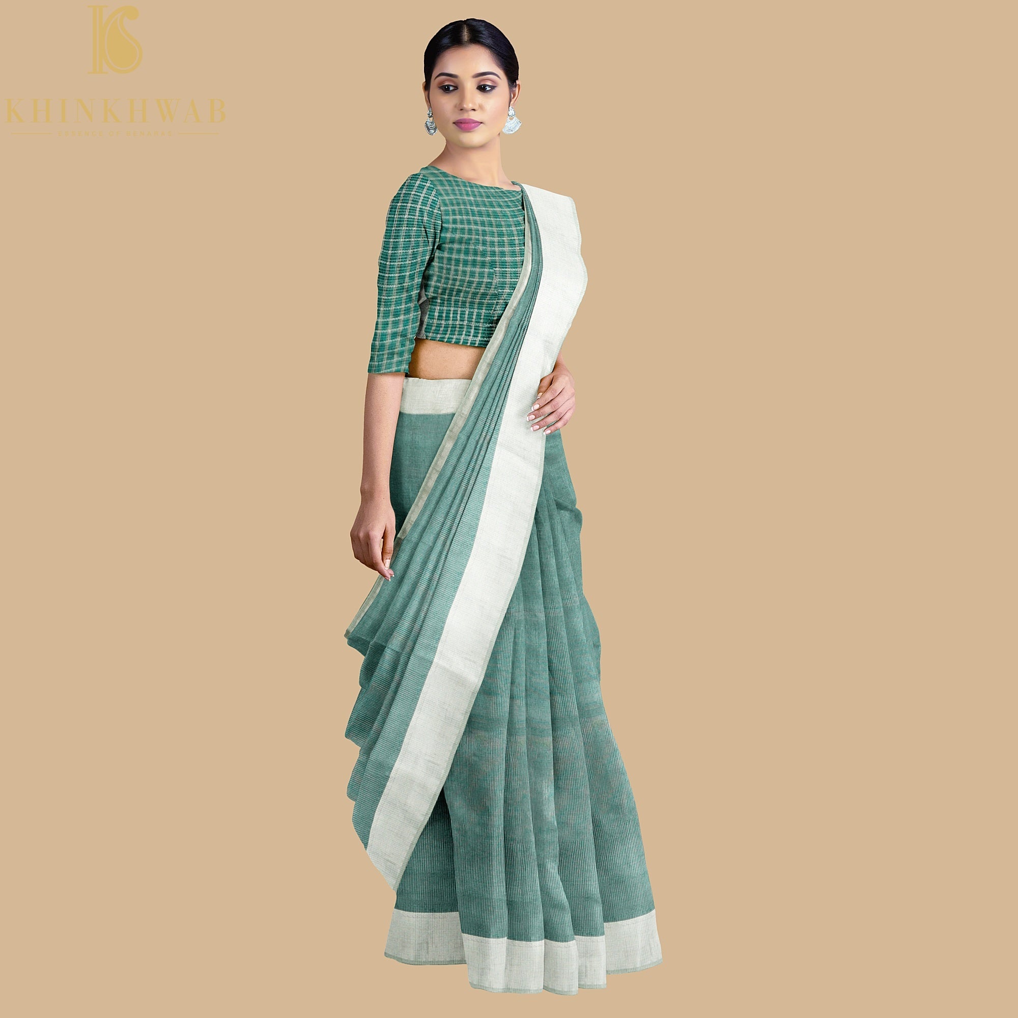 Teal Handwoven Pure Cotton Silk Maheshwari Saree - Khinkhwab